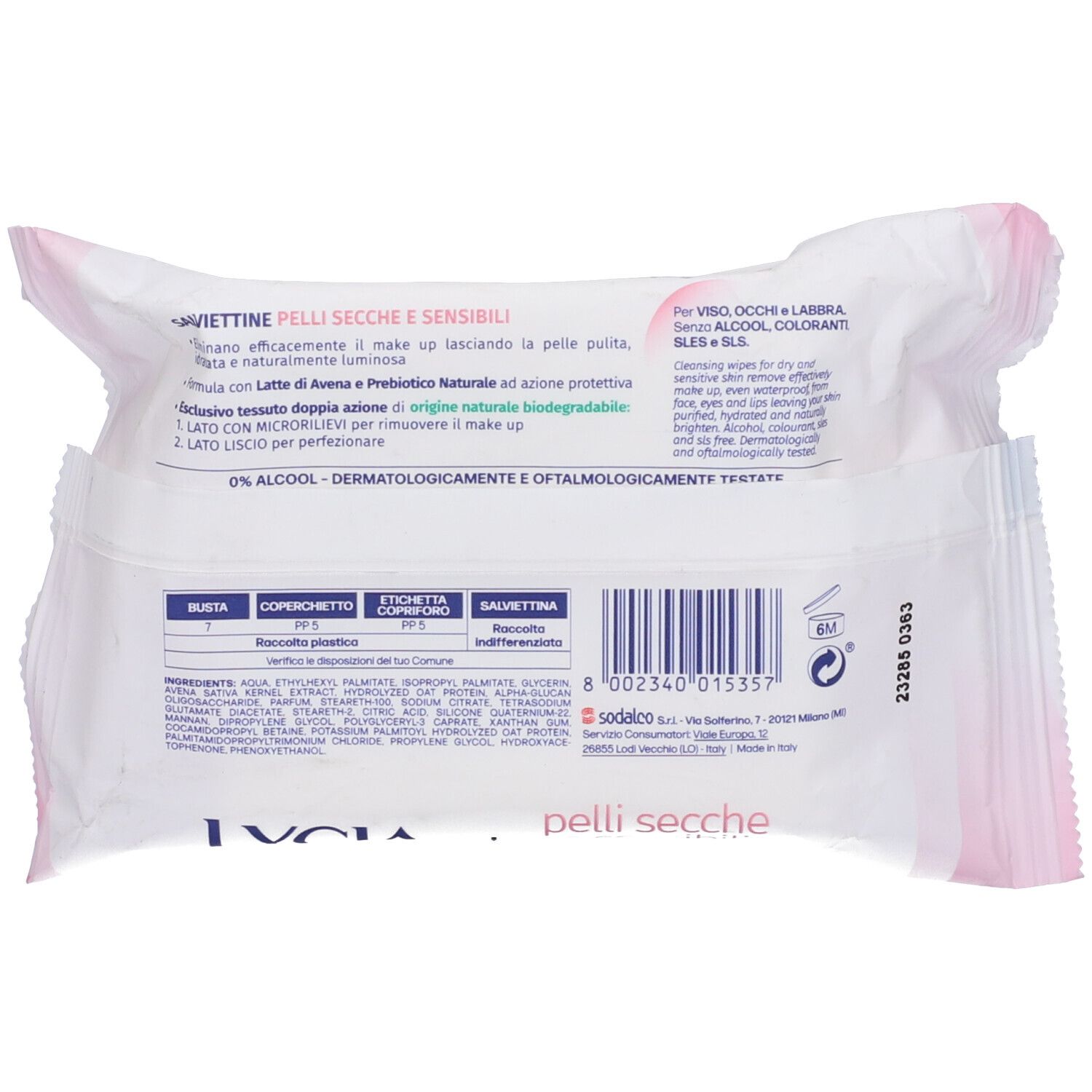 Retro della confezione di salviettine Lycia. Testo: Pelli Secche e Sensibili. Ingredienti e istruzioni.