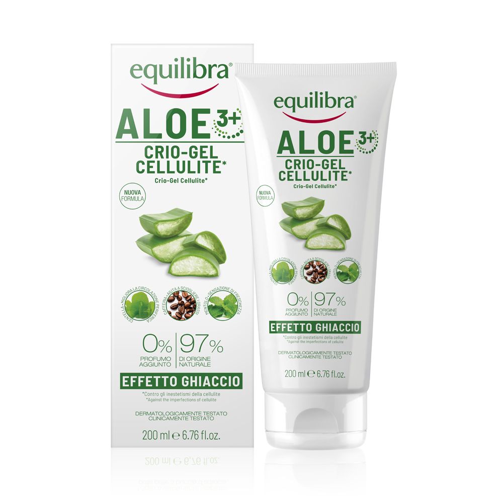 Tubo e scatola bianchi con nome prodotto Equilibra Aloe Crio-Gel Cellulite. Foglie di aloe vera e loghi.