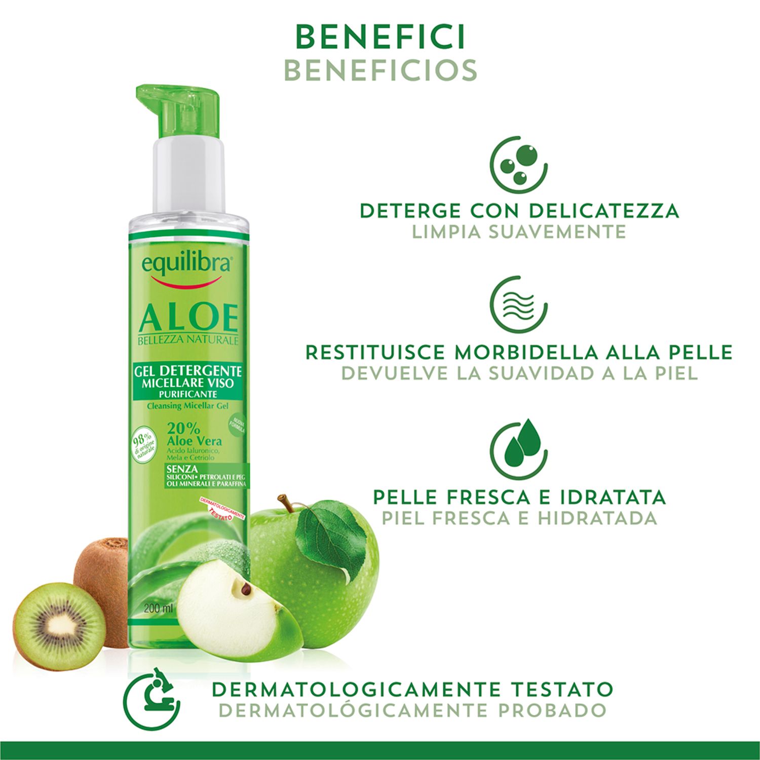 Rappresentazione grafica dei benefici. Testo: Deterge delicatamente, idrata, dermatologicamente testato.