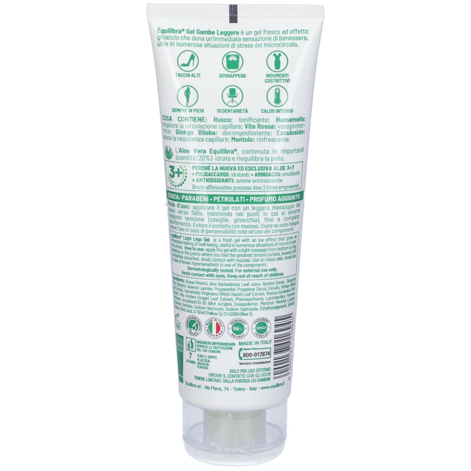 Rückseite der Tube. Text: Equilibra Aloe Gel Gambe Leggere. Inhaltsstoffe, Anwendungshinweise, Zertifizierungen.