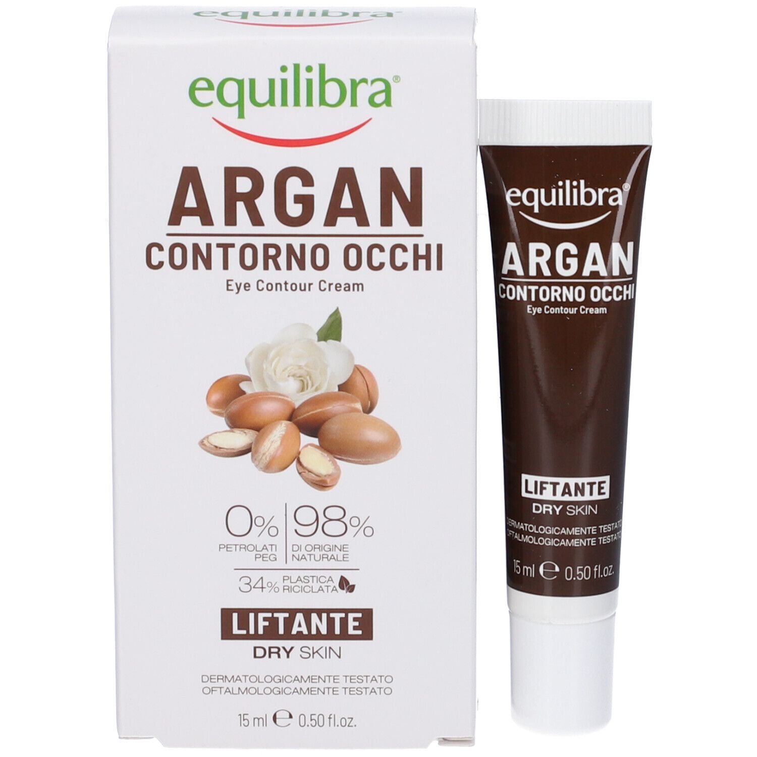 Produktverpackung und Tube. Verpackung: weiß mit Aufschrift Equilibra Argan Contorno Occhi. Tube: braun mit weißem Deckel.