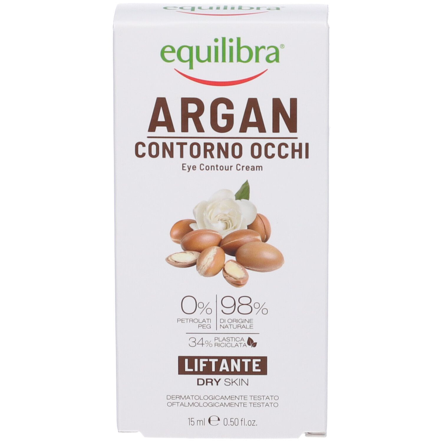 Weiße Produktverpackung mit Aufschrift Equilibra Argan Contorno Occhi. Abbildung von Argan-Nüssen und Blüten.