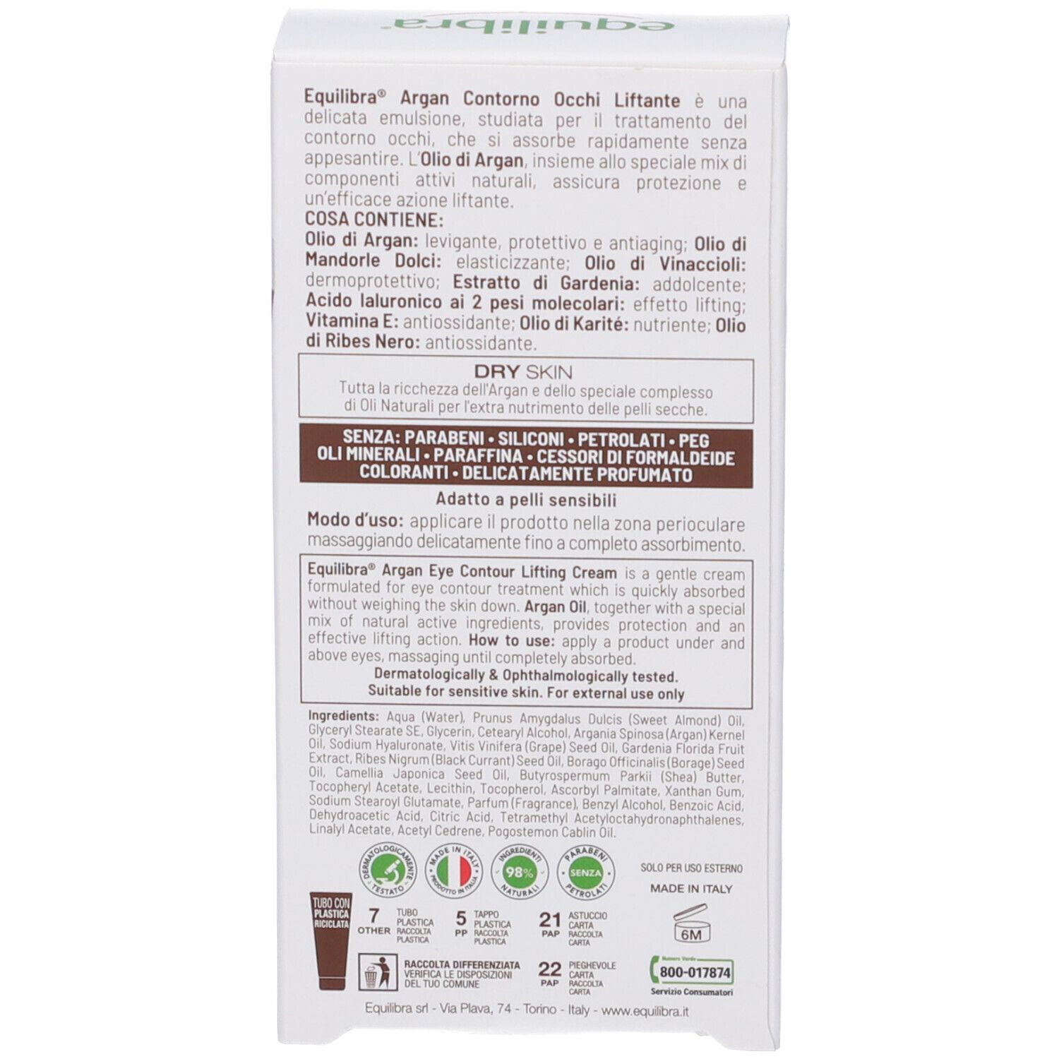 Produktverpackung mit Text und Inhaltsstoffen. Text: Equilibra Argan Contorno Occhi. Inhaltsstoffe aufgelistet.