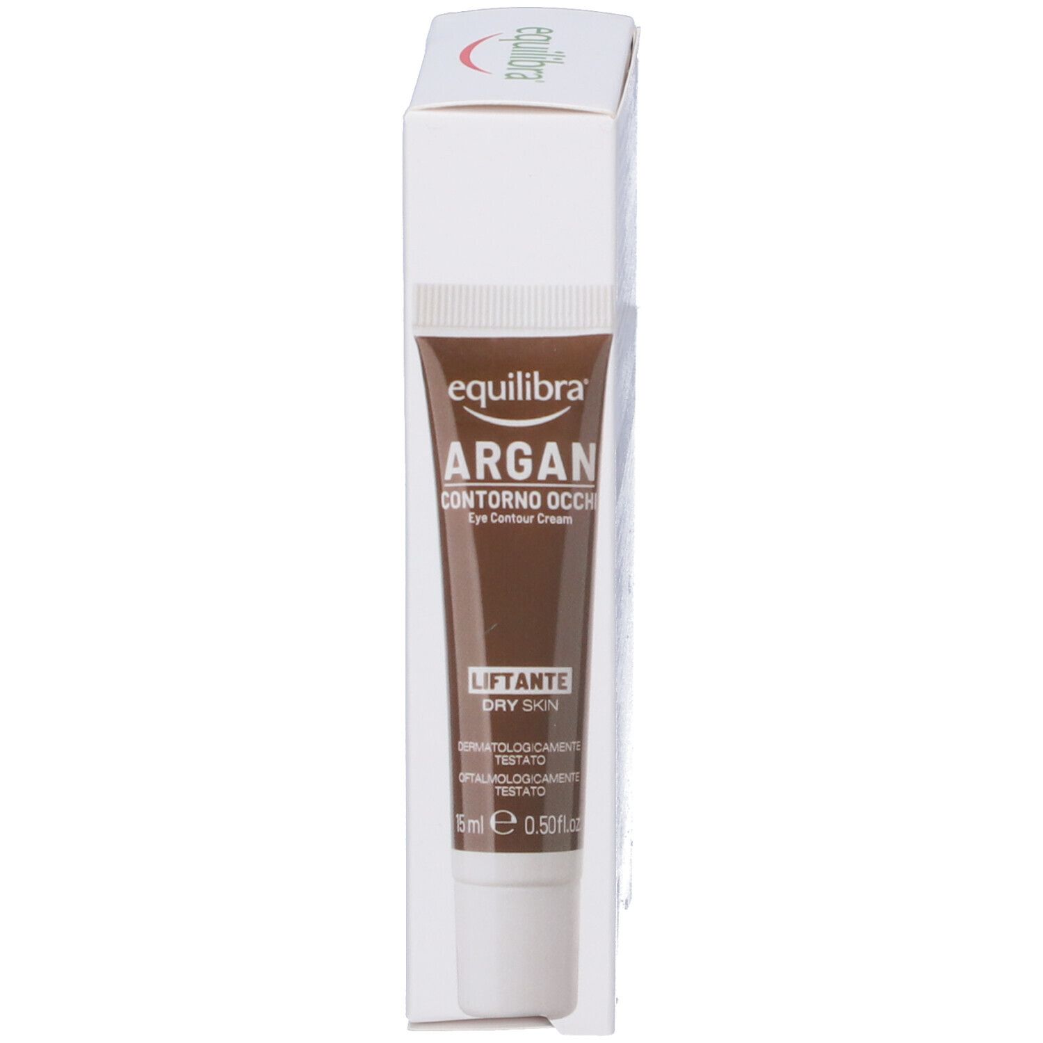 Produktverpackung und Tube. Verpackung: weiß mit Aufschrift Equilibra Argan Contorno Occhi. Tube: braun mit weißem Deckel.