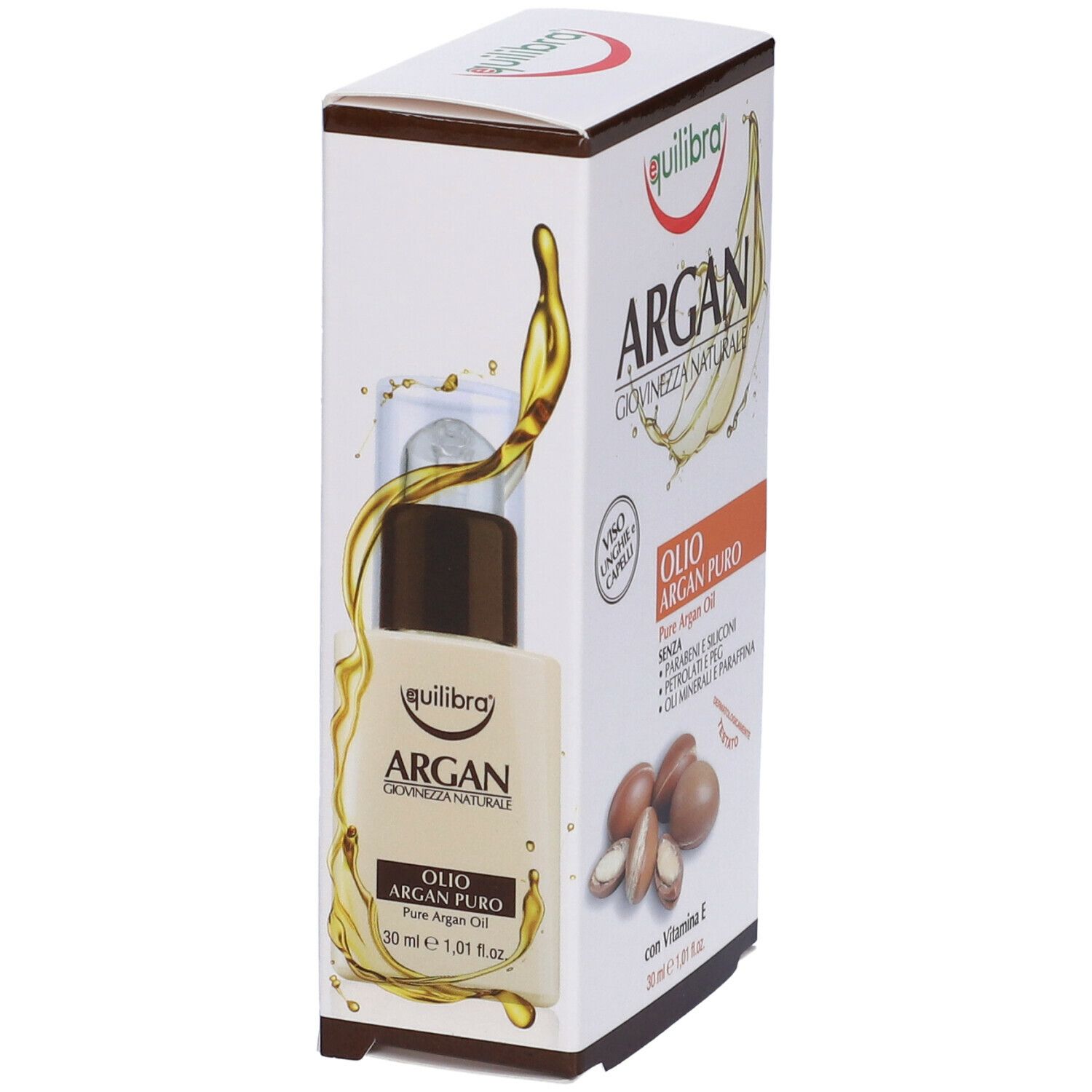 Equilibra® Argan Olio Argan Puro in flacone e confezione. Flacone con contagocce. Nome del prodotto e immagine di argan.