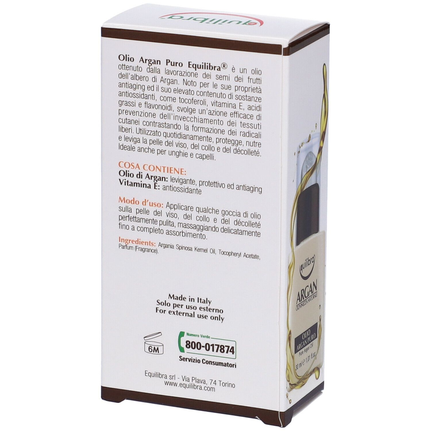 Retro della confezione di Equilibra® Argan Olio Argan Puro. Testo con ingredienti e istruzioni per l'uso. Logo e contatti.