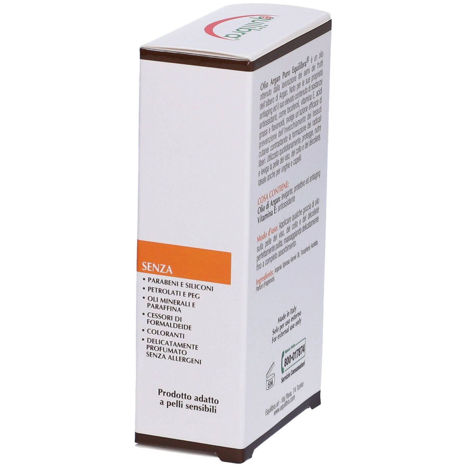 Lato della confezione di Equilibra® Argan Olio Argan Puro. Elenco degli ingredienti. Prodotto per pelli sensibili.