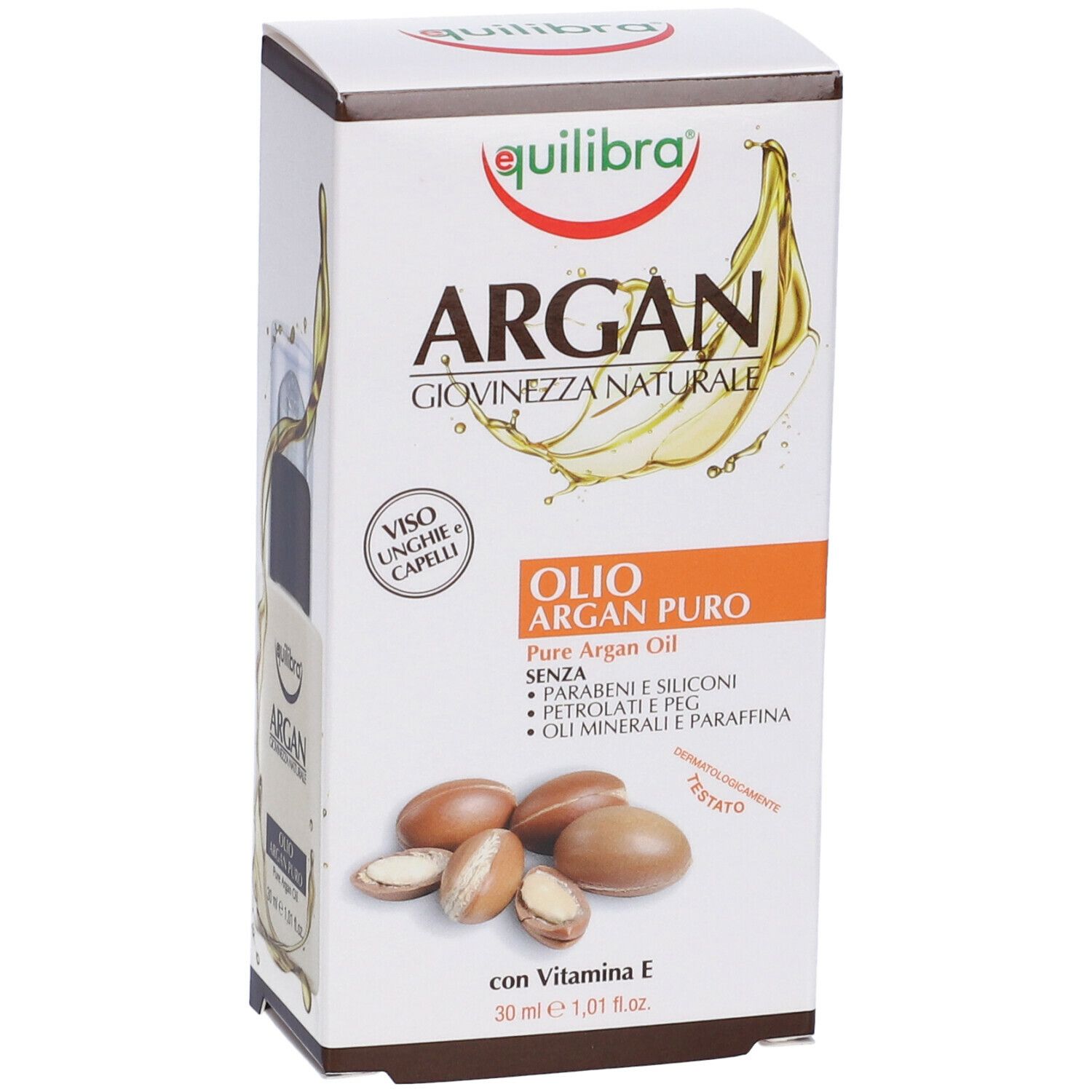 Confezione di Equilibra® Argan Olio Argan Puro. Scatola bianca con nome del prodotto e immagine di argan. Contiene vitamina E.
