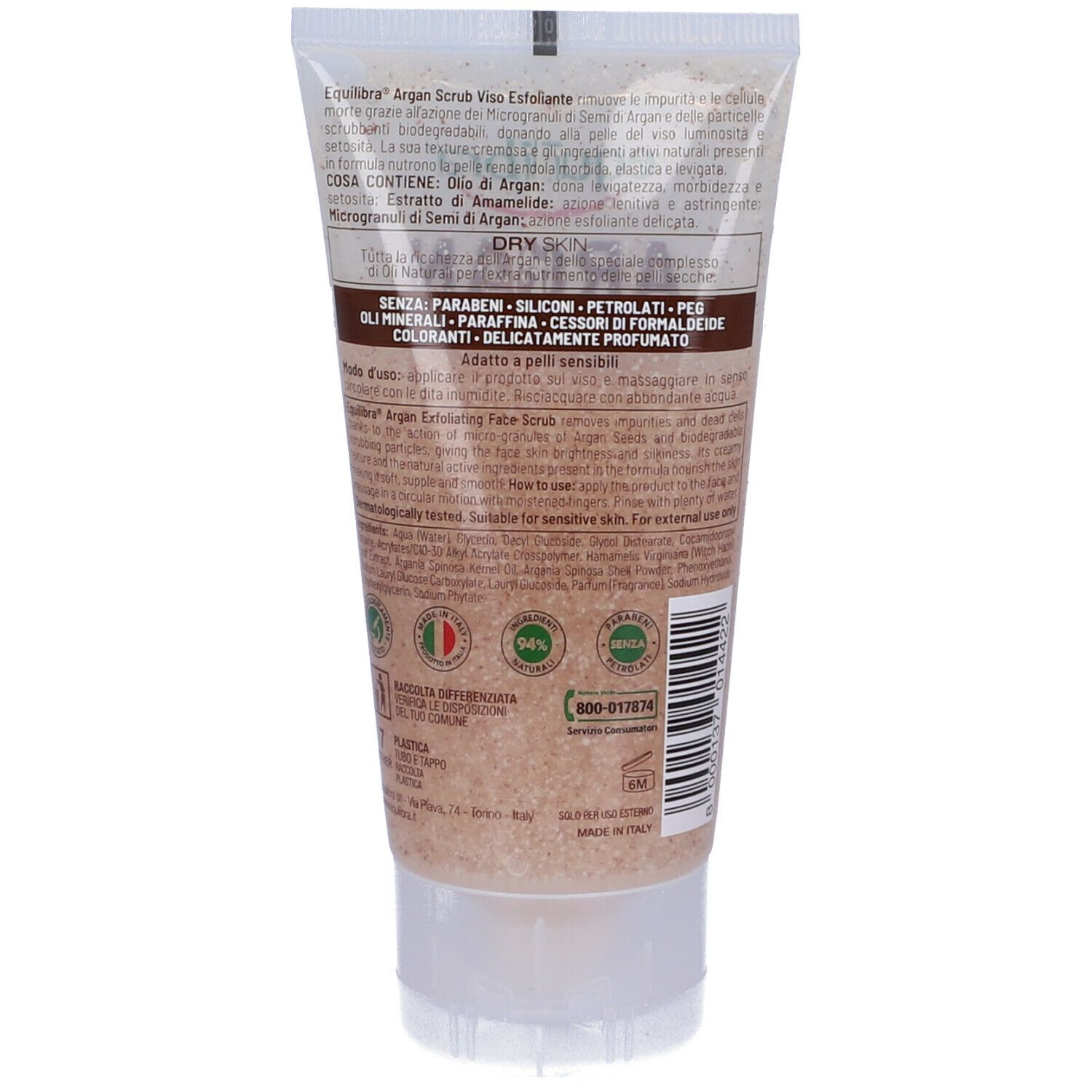 Retro del tubo Equilibra Argan Scrub Viso. Testo e loghi stampati. Contiene informazioni su ingredienti e certificazioni.