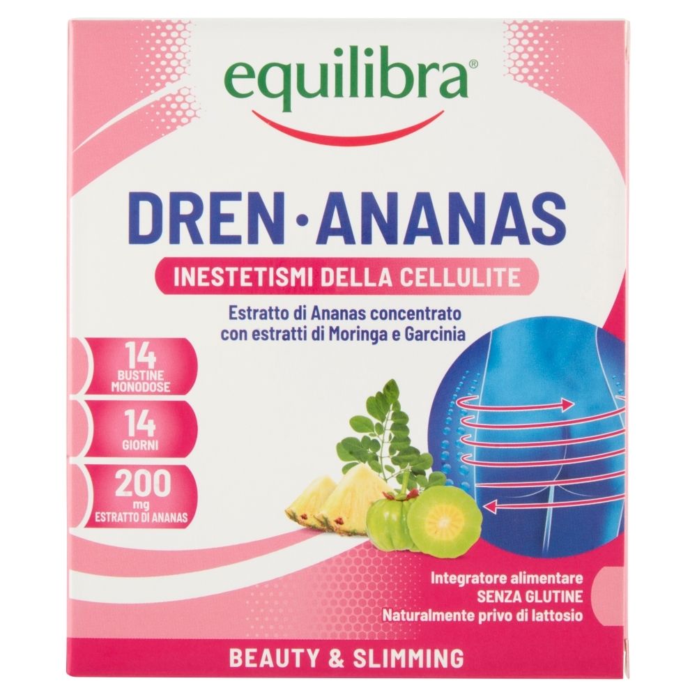 Confezione rosa con nome e logo del prodotto. Contiene 14 bustine, 14 giorni e 200 mg di estratto di ananas. Con illustrazione di ananas e piante.