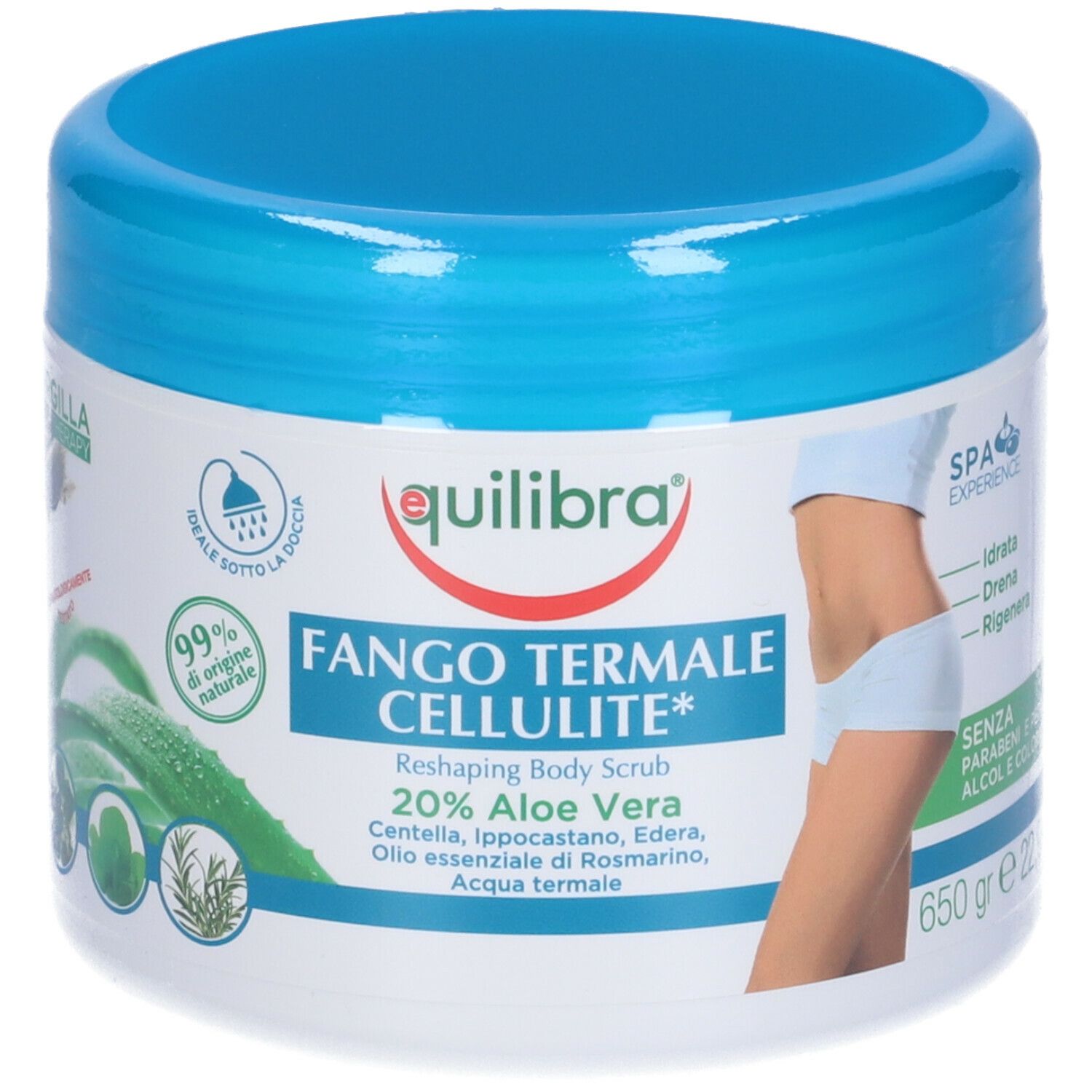 Barattolo rotondo con coperchio blu. Scritta: Fango Termale Cellulite, 20% Aloe Vera. Immagine di donna con bendaggio sulla gamba.
