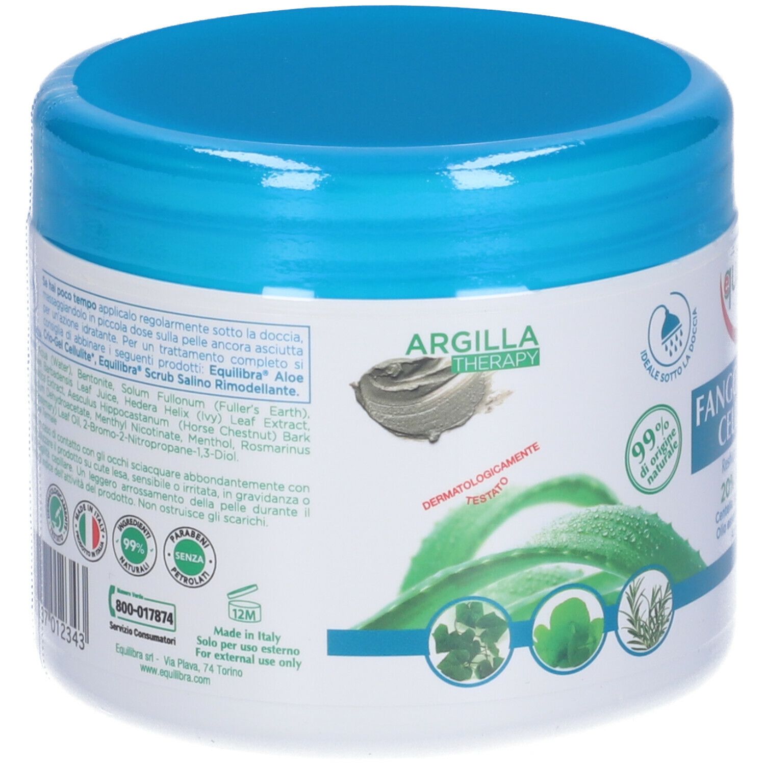 Barattolo rotondo con coperchio blu. Retro con ingredienti e certificazioni. Scritta: Argilla Therapy, 99% origine naturale.