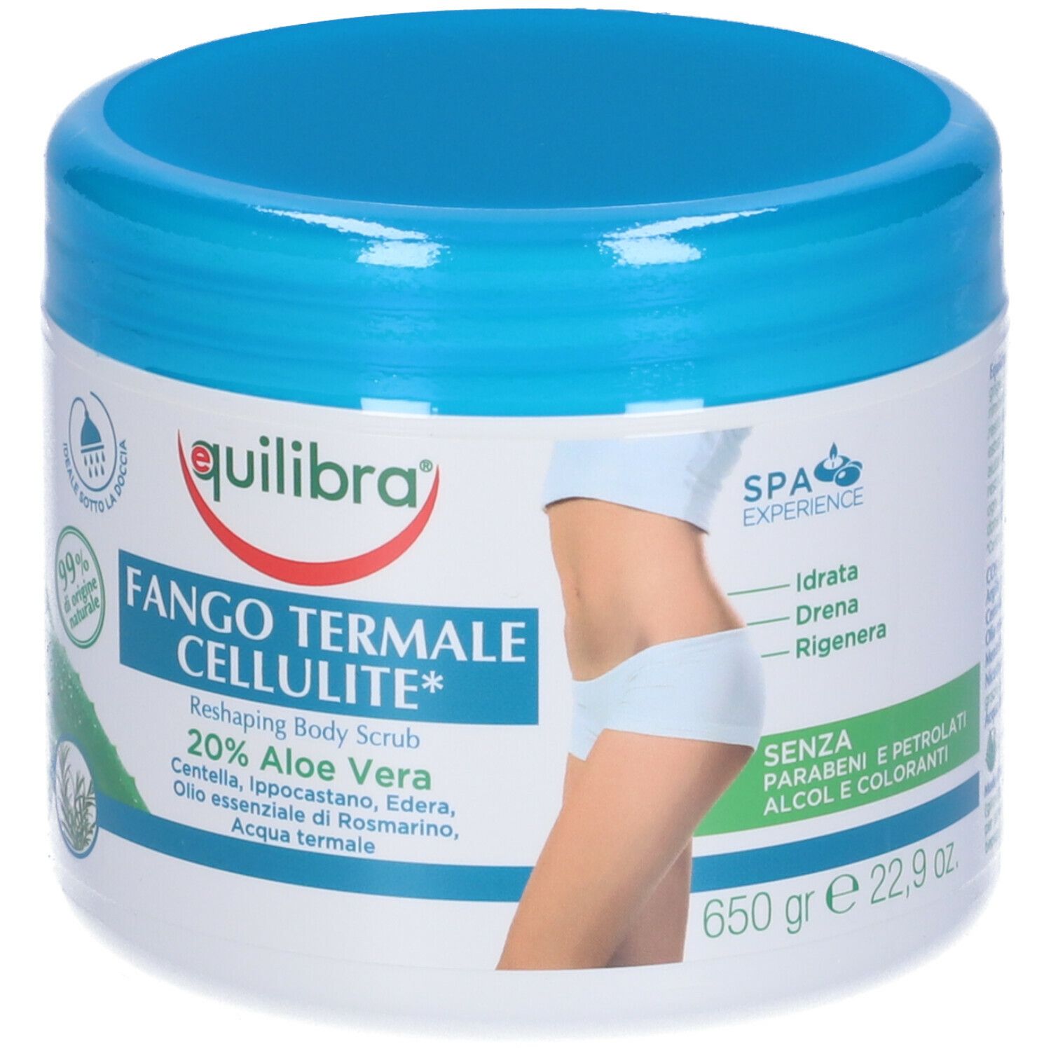 Barattolo rotondo con coperchio blu. Scritta: Fango Termale Cellulite, 20% Aloe Vera. Immagine di donna in intimo. 650g.