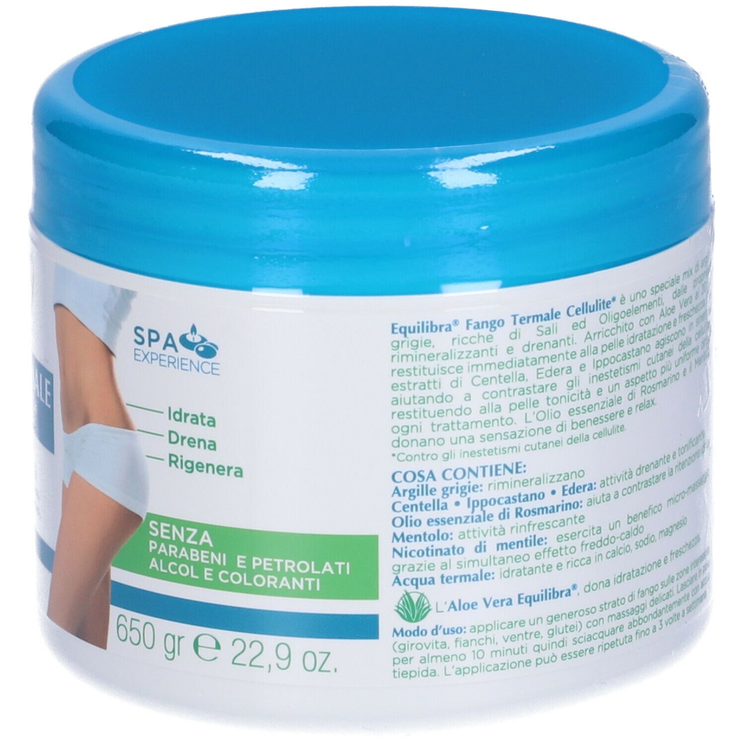 Barattolo rotondo con coperchio blu. Scritta: Fango Termale Cellulite. Testo sugli ingredienti e l'uso. 650 gr.