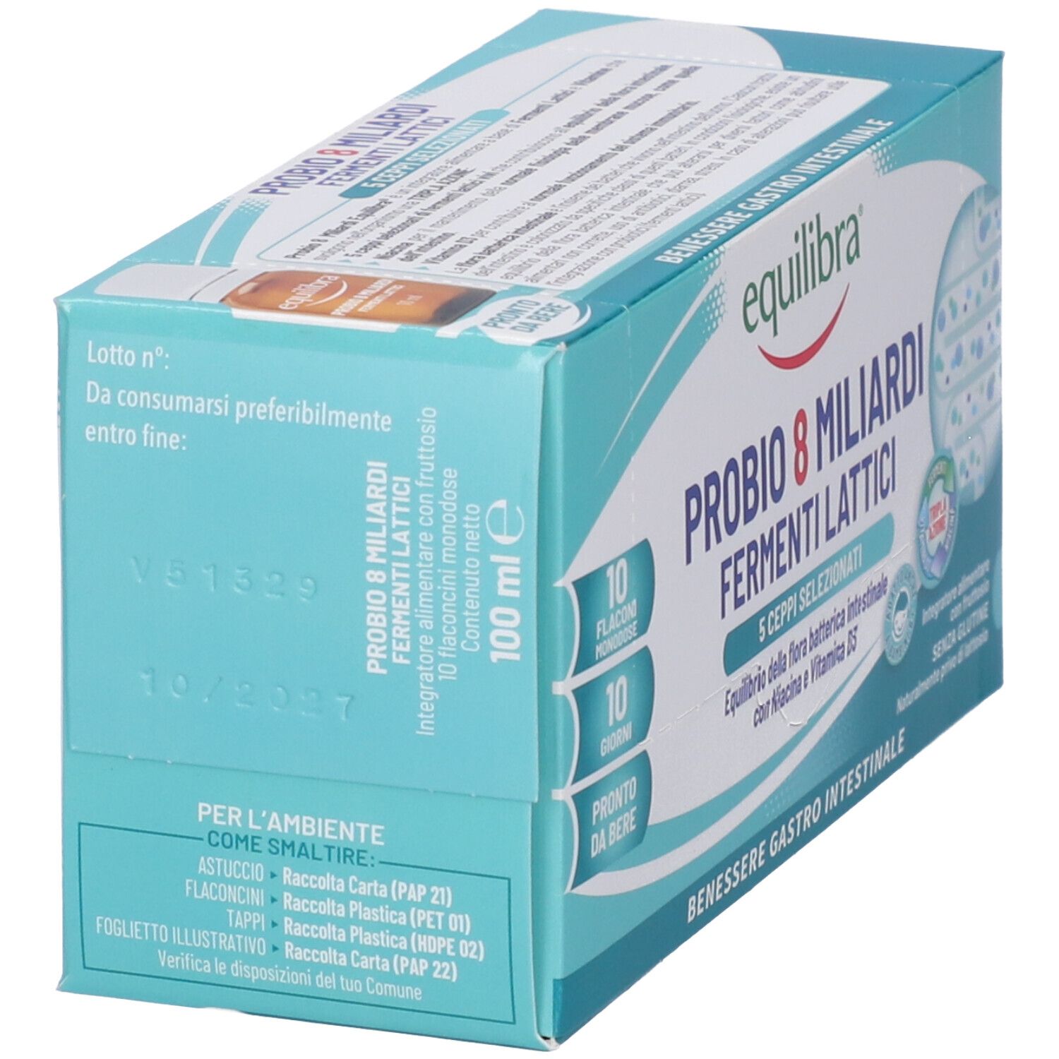Equilibra Integratori Alimentari, Probio 8 Miliardi, Integratore A Base Di Fermenti Lattici E Vitamine Con Niacina E Vitamina D3 Per L'equilibrio Della Flora Batterica Intestinale, 10 Flaconi Monodose