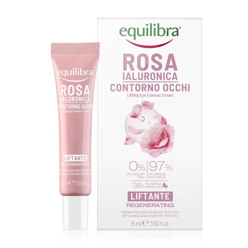 Rosa Ialuronica Contour Eye Cream, rosa Tube und Verpackung. Text: Equilibra, Rosa Ialuronica, Contorno Occhi, Lifting Eye Contour Cream.