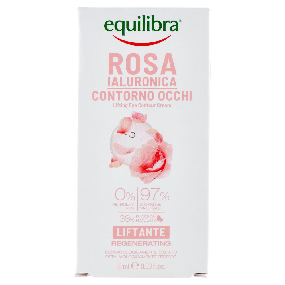 Verpackung von Rosa Ialuronica Contour Eye Cream. Text: Equilibra, Rosa Ialuronica, Contorno Occhi, Lifting Eye Contour Cream. Rose-Illustration.