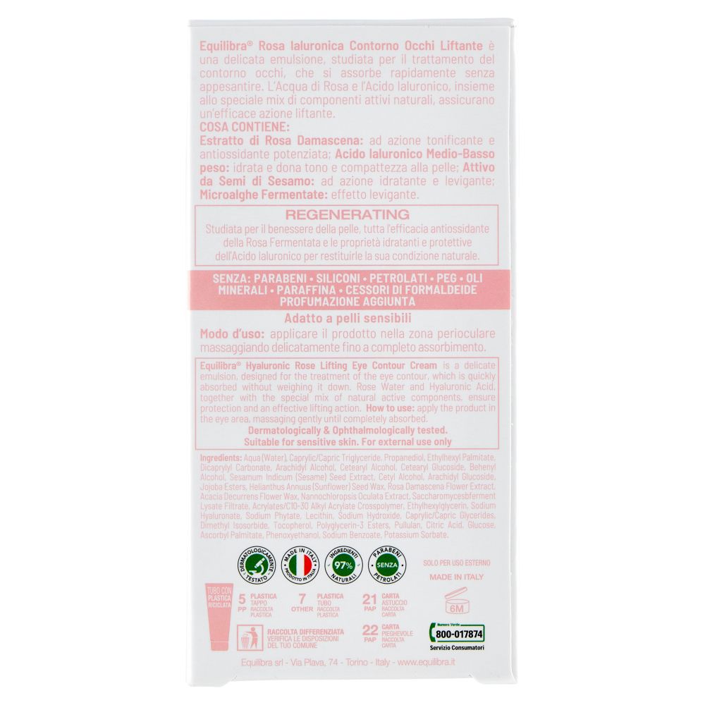 Rückseite der Verpackung von Rosa Ialuronica Contour Eye Cream. Text und Inhaltsstoffe. Zertifizierungen und Kontaktinformationen.
