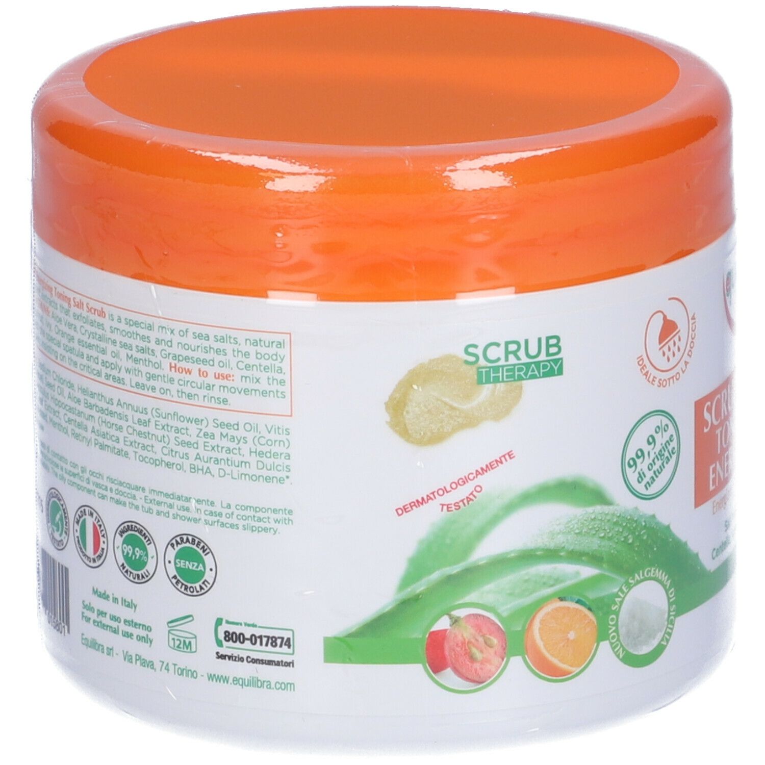 Retro del vaso bianco con coperchio arancione. Testo e illustrazioni. Contiene 99,9% ingredienti di origine naturale.