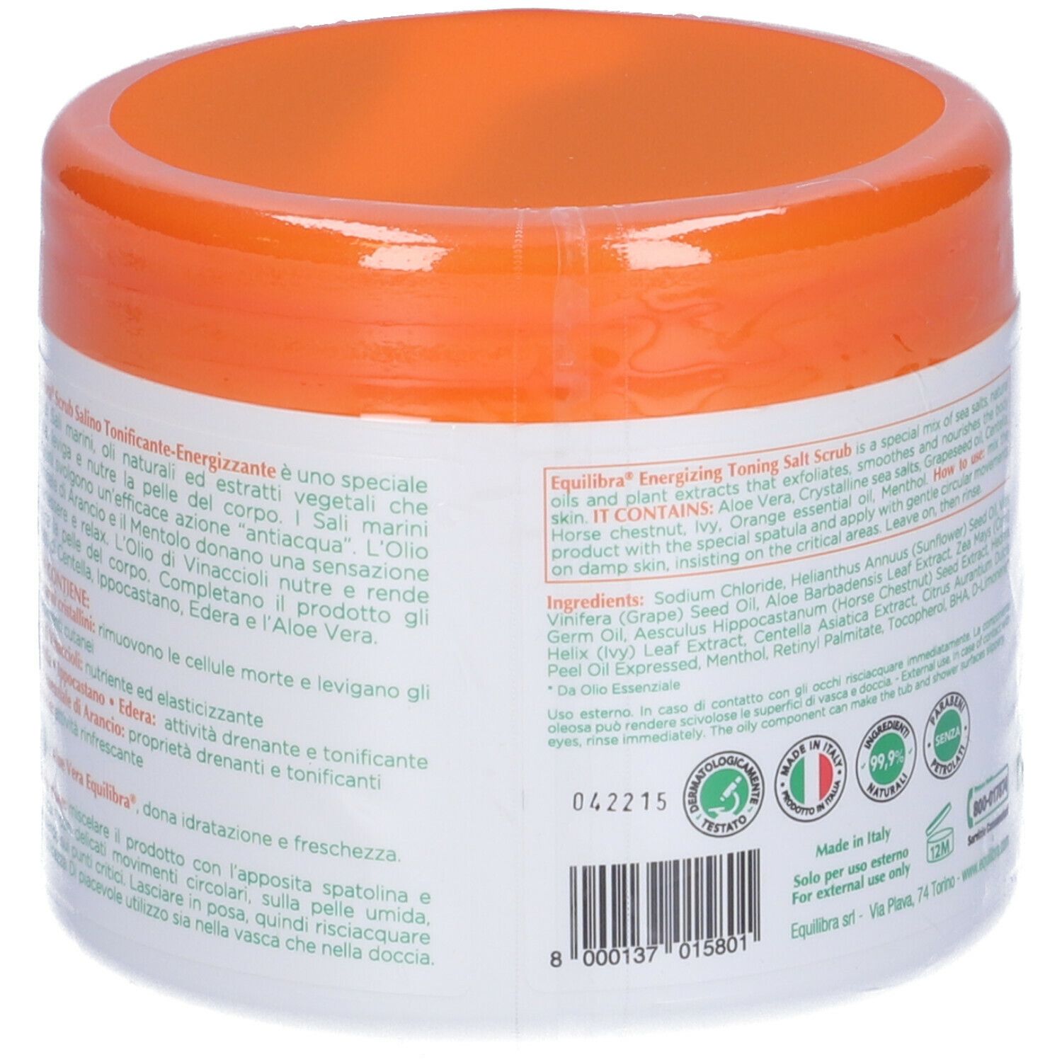 Retro del vaso bianco con coperchio arancione. Testo con ingredienti e istruzioni. Prodotto in Italia.