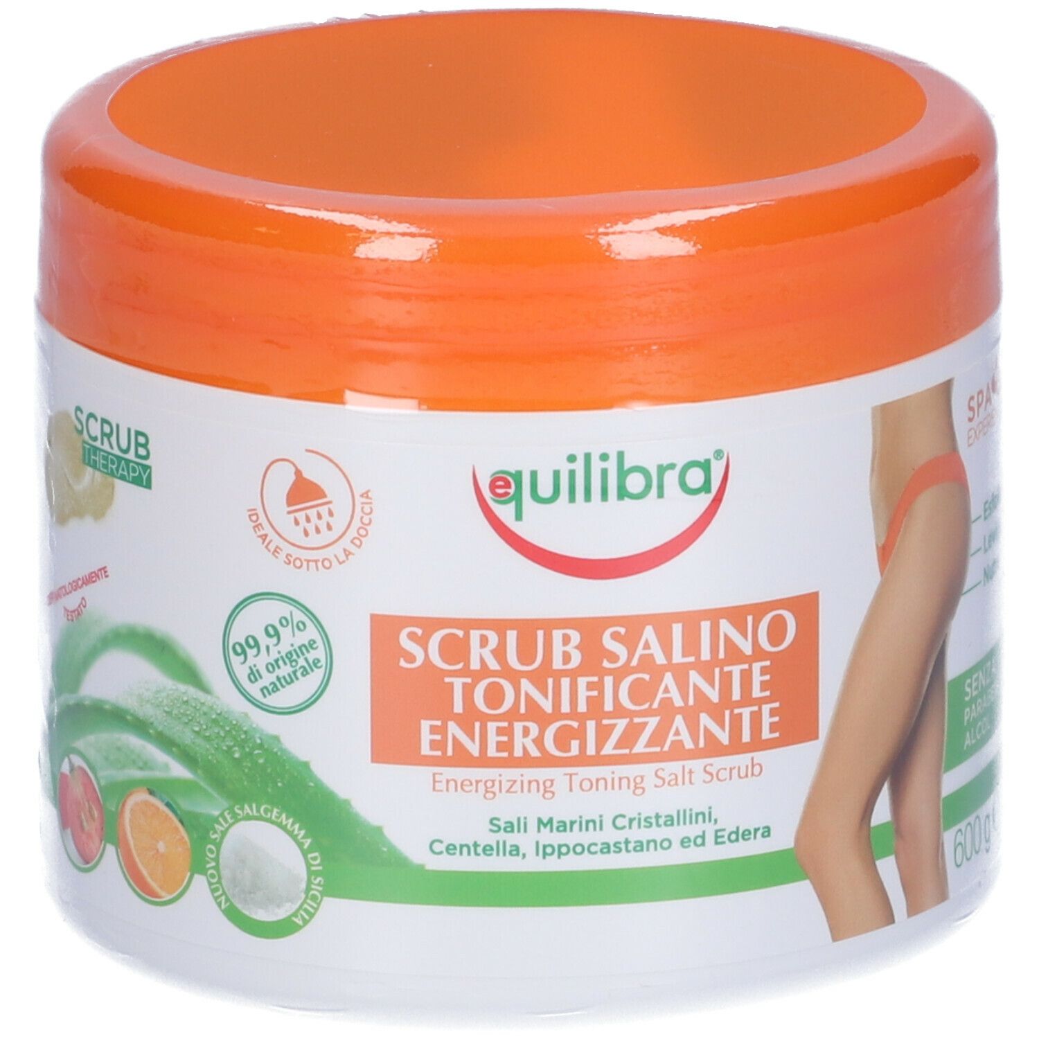 Vaso bianco con coperchio arancione. Scritta: Equilibra, Scrub Salino, Toning Salt Scrub. Illustrazione di donna.