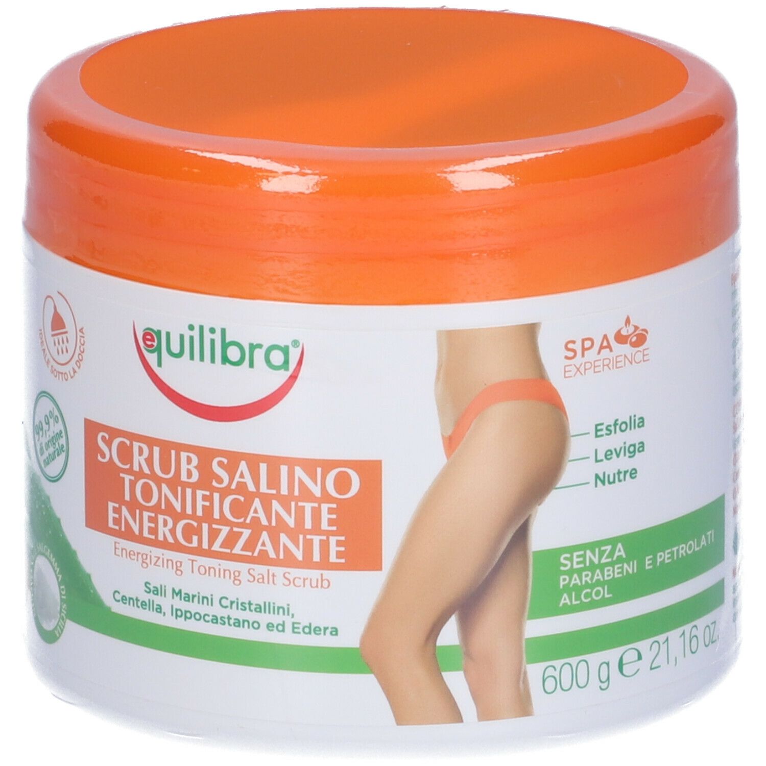 Vaso bianco con coperchio arancione. Scritta: Equilibra, Scrub Salino, Toning Salt Scrub. Illustrazione di donna.