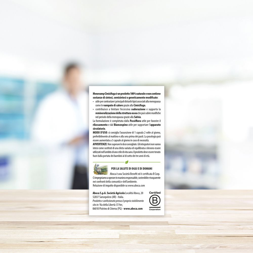 Rückseite der Menovamp Cimicifuga-Verpackung. Informationen über das Produkt und die Zertifizierung.