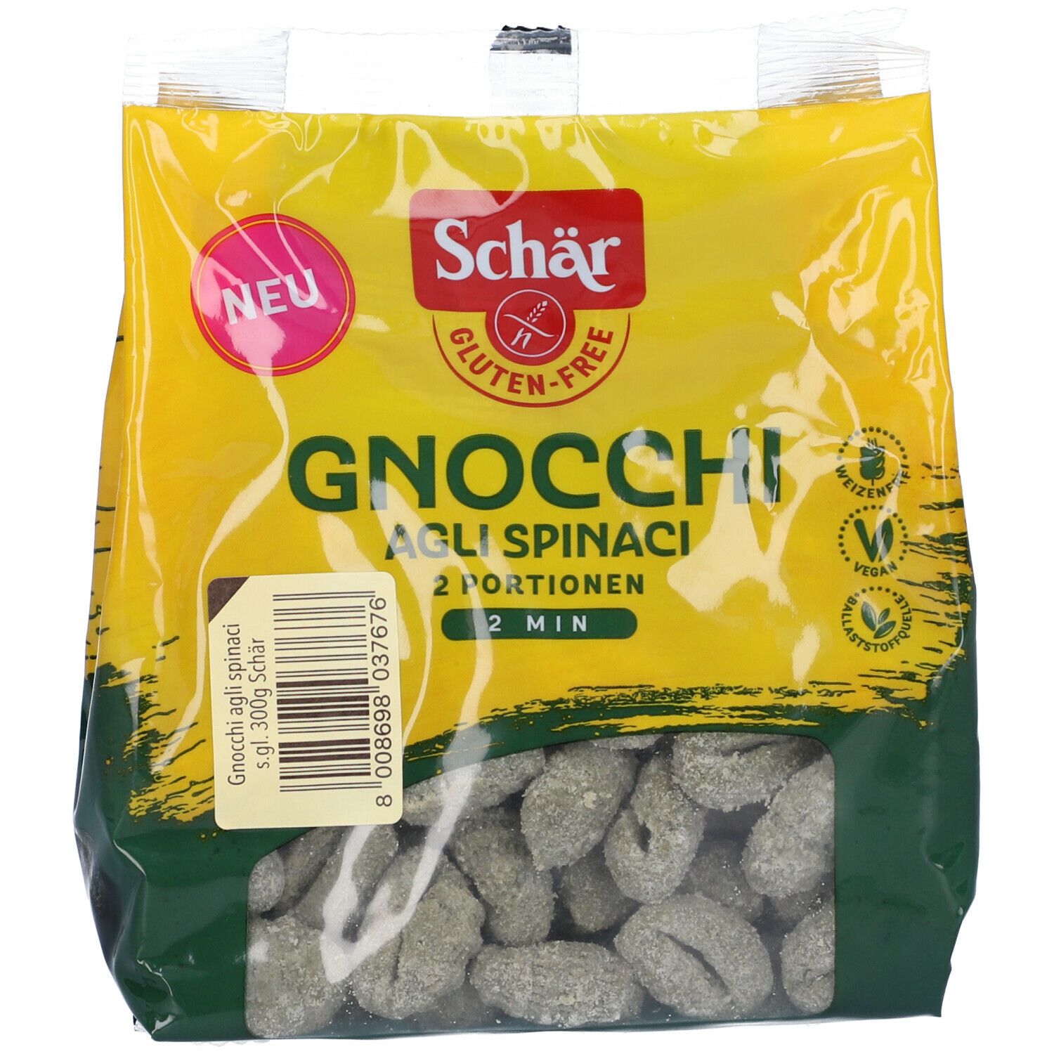Confezione di Schar® Gnocchi agli Spinaci. Finestra con gnocchi. Sigillo senza glutine. Etichetta "Nuovo". 2 porzioni.
