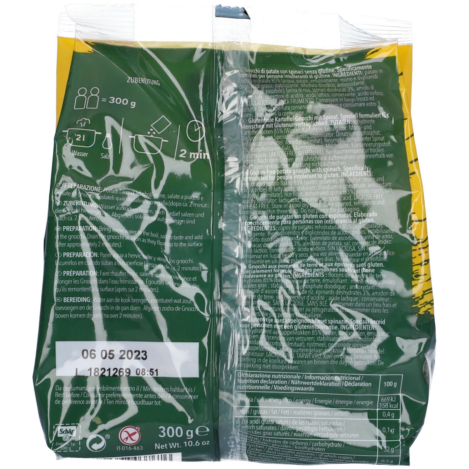 Retro della confezione Schar® Gnocchi agli Spinaci. Informazioni di preparazione e nutrizionali. Sigillo senza glutine.