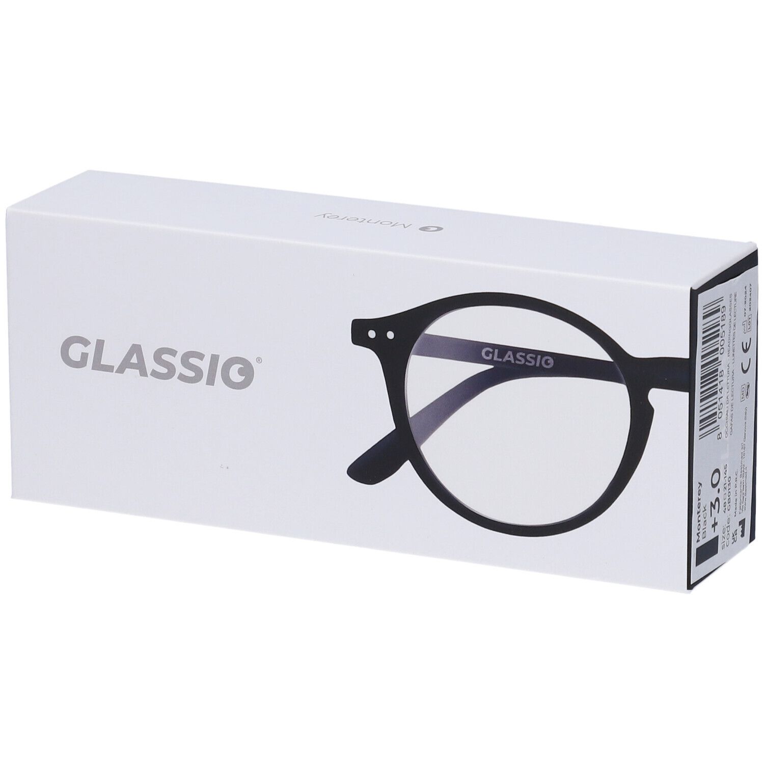 Confezione bianca con illustrazione di occhiali neri e logo Glassio. Sul lato: Glassio, gradazione +3.0.