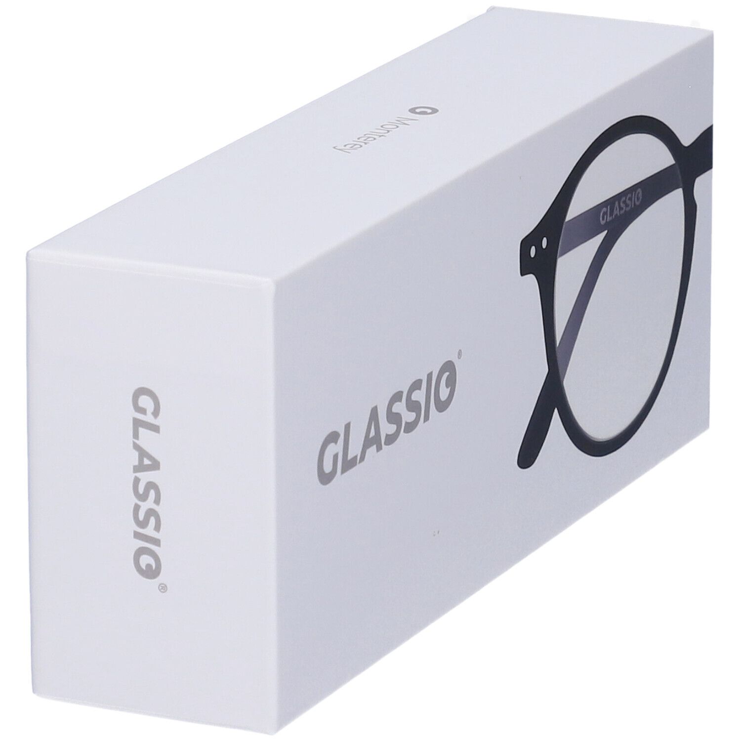 Confezione bianca con logo Glassio e illustrazione di occhiali. Vista prospettica.