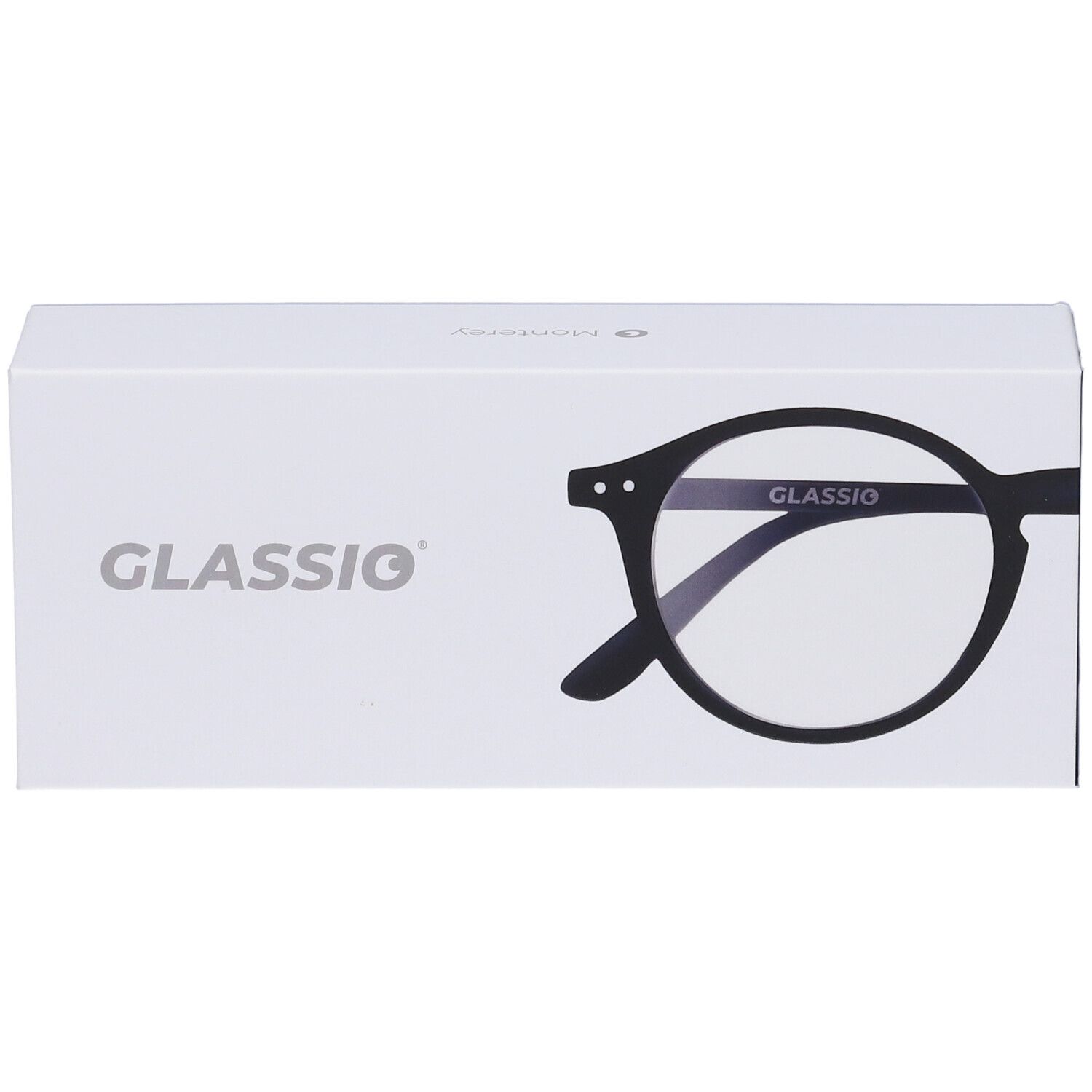 Confezione bianca con logo Glassio e illustrazione di occhiali. Vista prospettica.