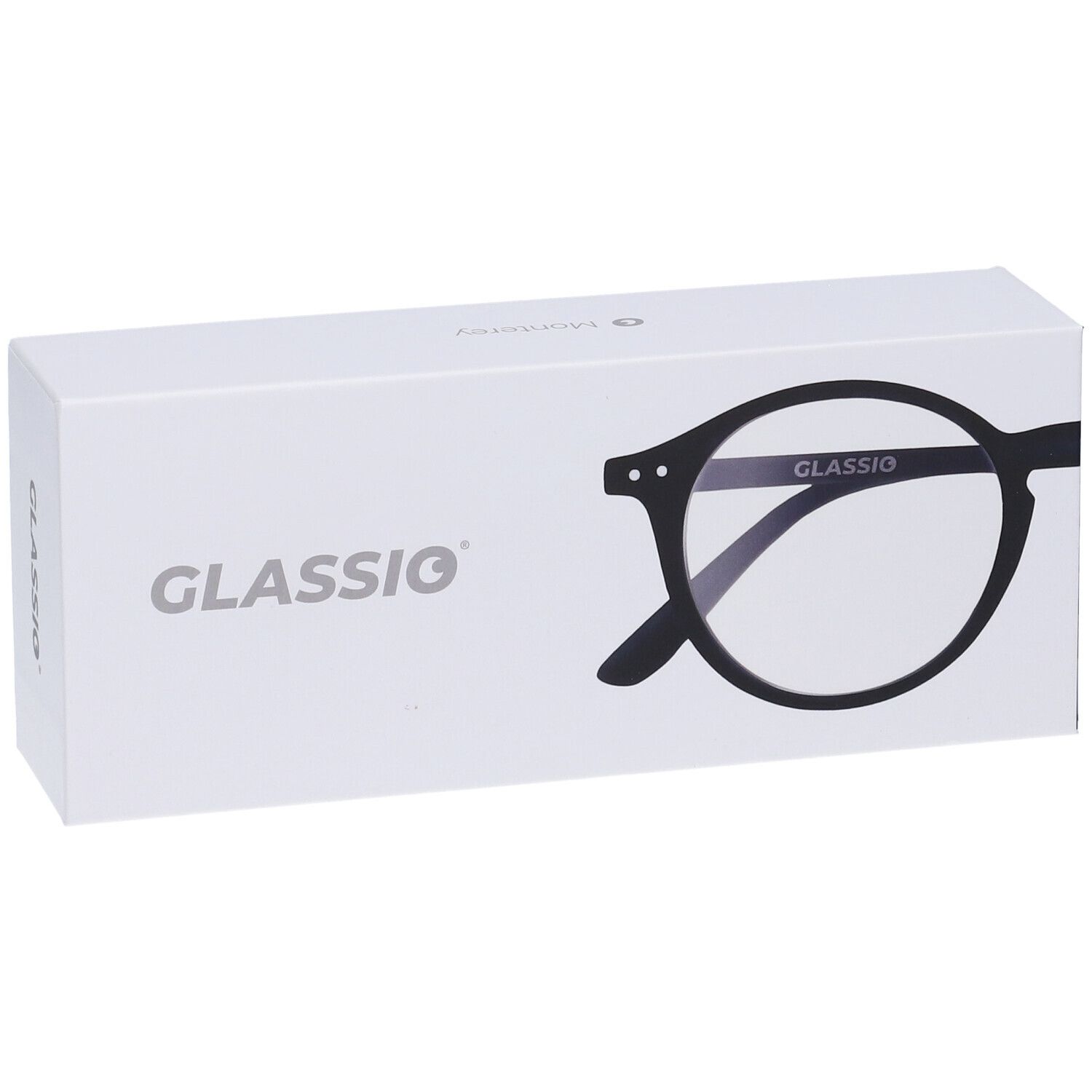 Confezione bianca con logo Glassio e illustrazione di occhiali. Vista prospettica.