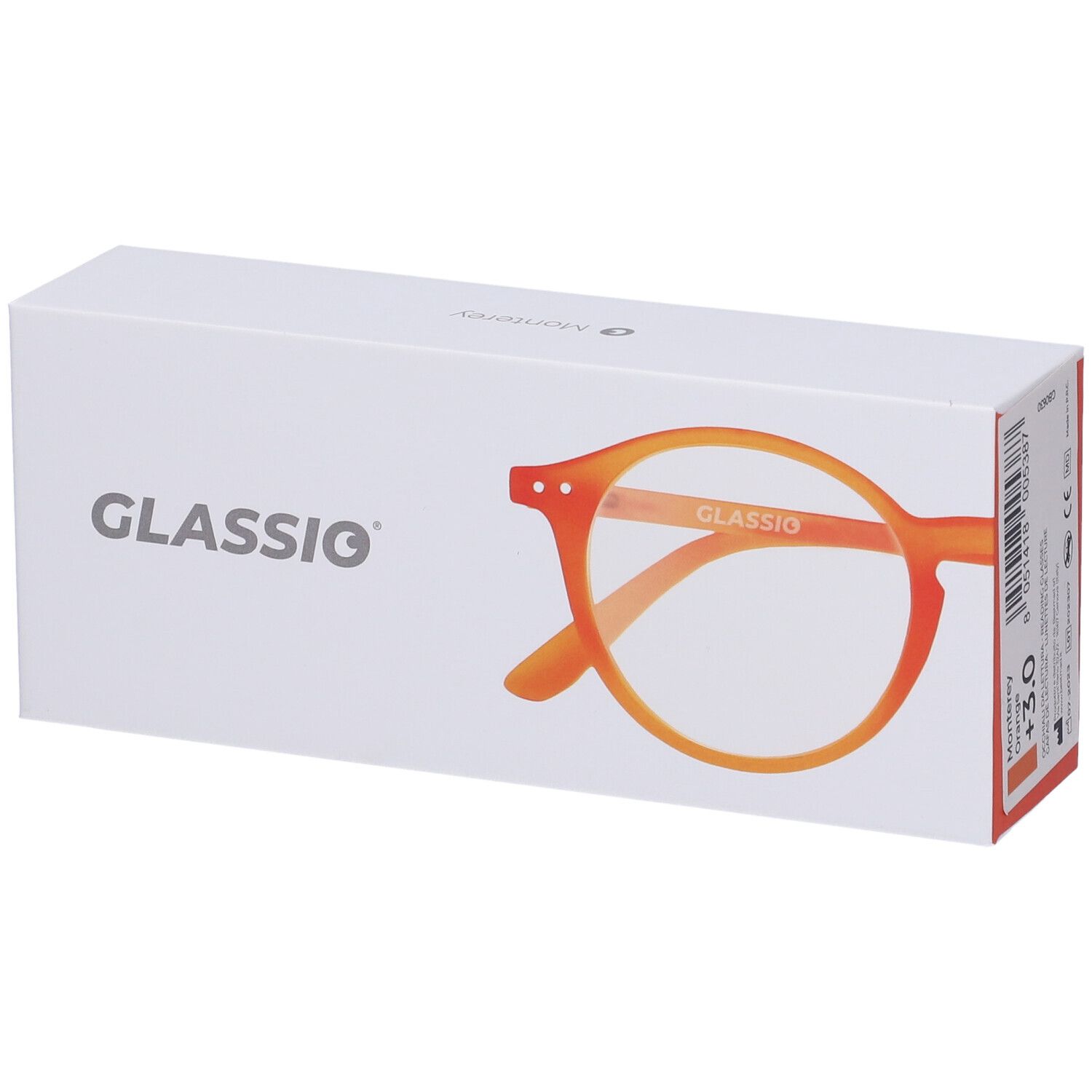 Astuccio bianco con occhiali arancioni. Scritta GLASSio. Occhiali Monterey, +3,0.