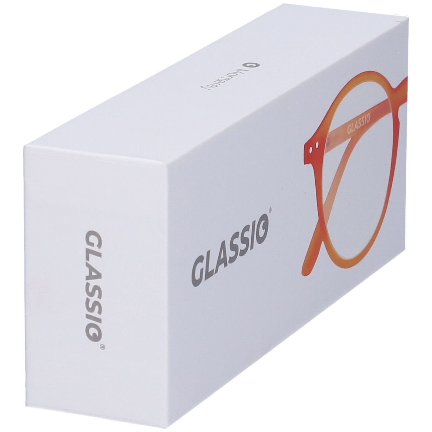 Astuccio bianco con occhiali arancioni. Scritta GLASSio.