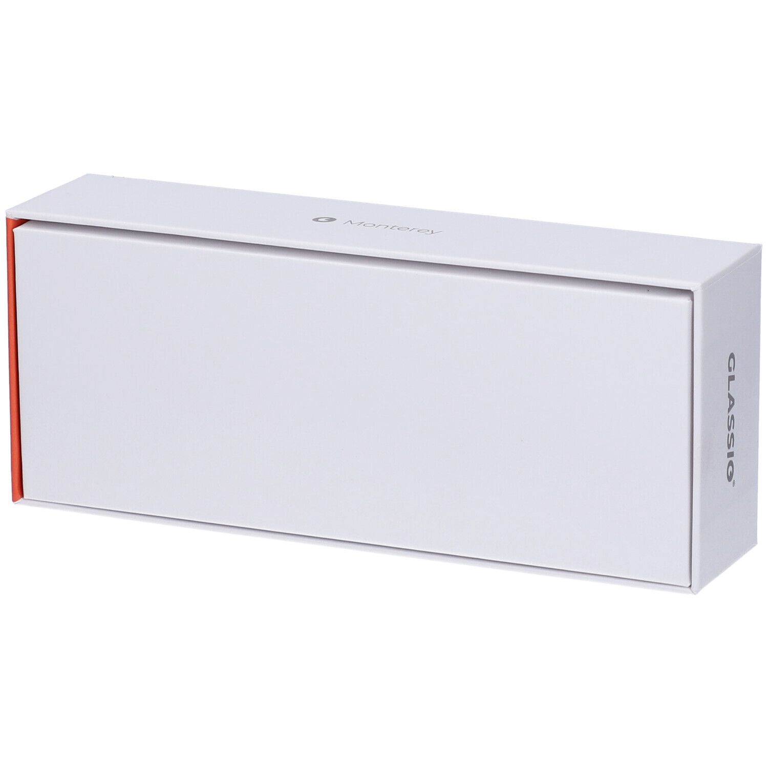 Astuccio bianco con dettaglio rosso. Scritta GLASSio.