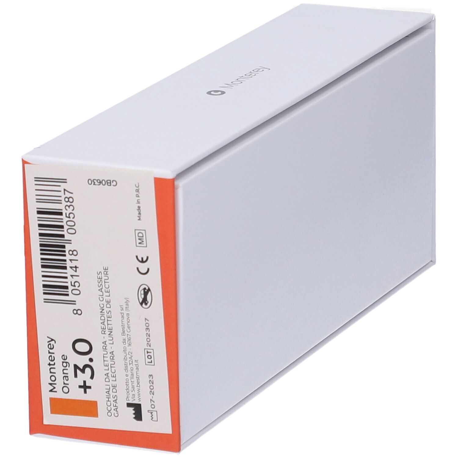 Astuccio bianco con dettaglio rosso. Scritta Monterey +3,0. Informazioni e codice a barre.