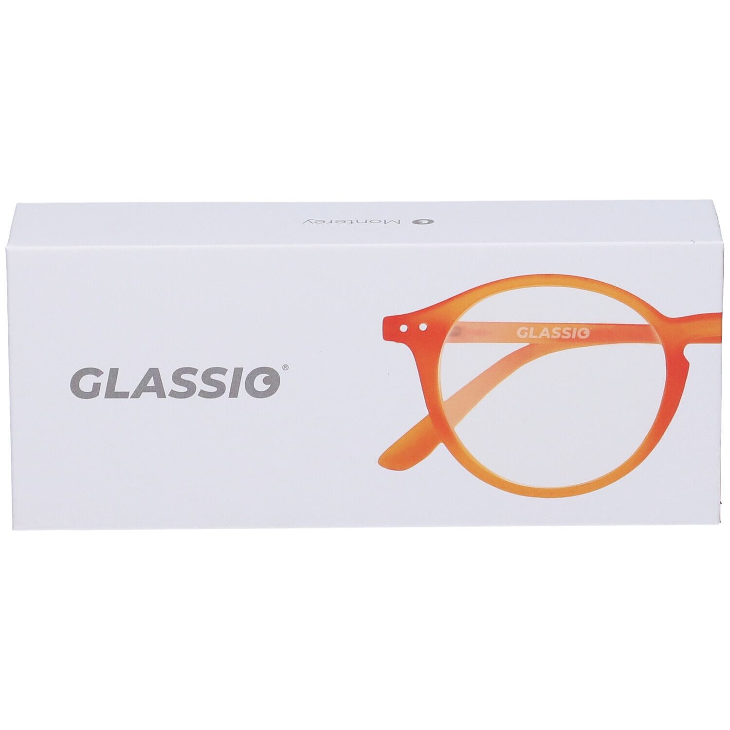 Astuccio con occhiali arancioni. Scritta GLASSio. Occhiali Monterey.