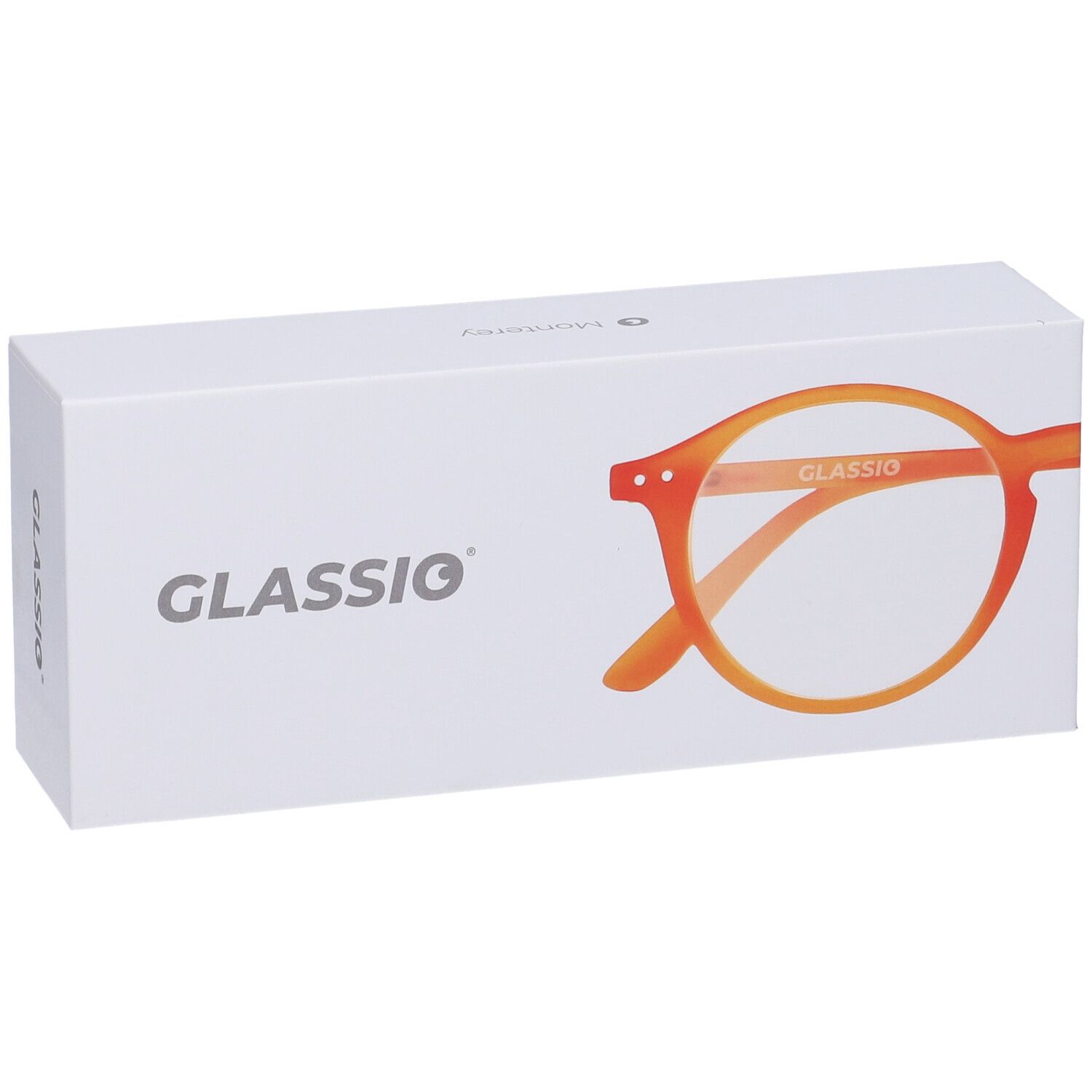 Astuccio con occhiali arancioni. Scritta GLASSio. Occhiali Monterey.