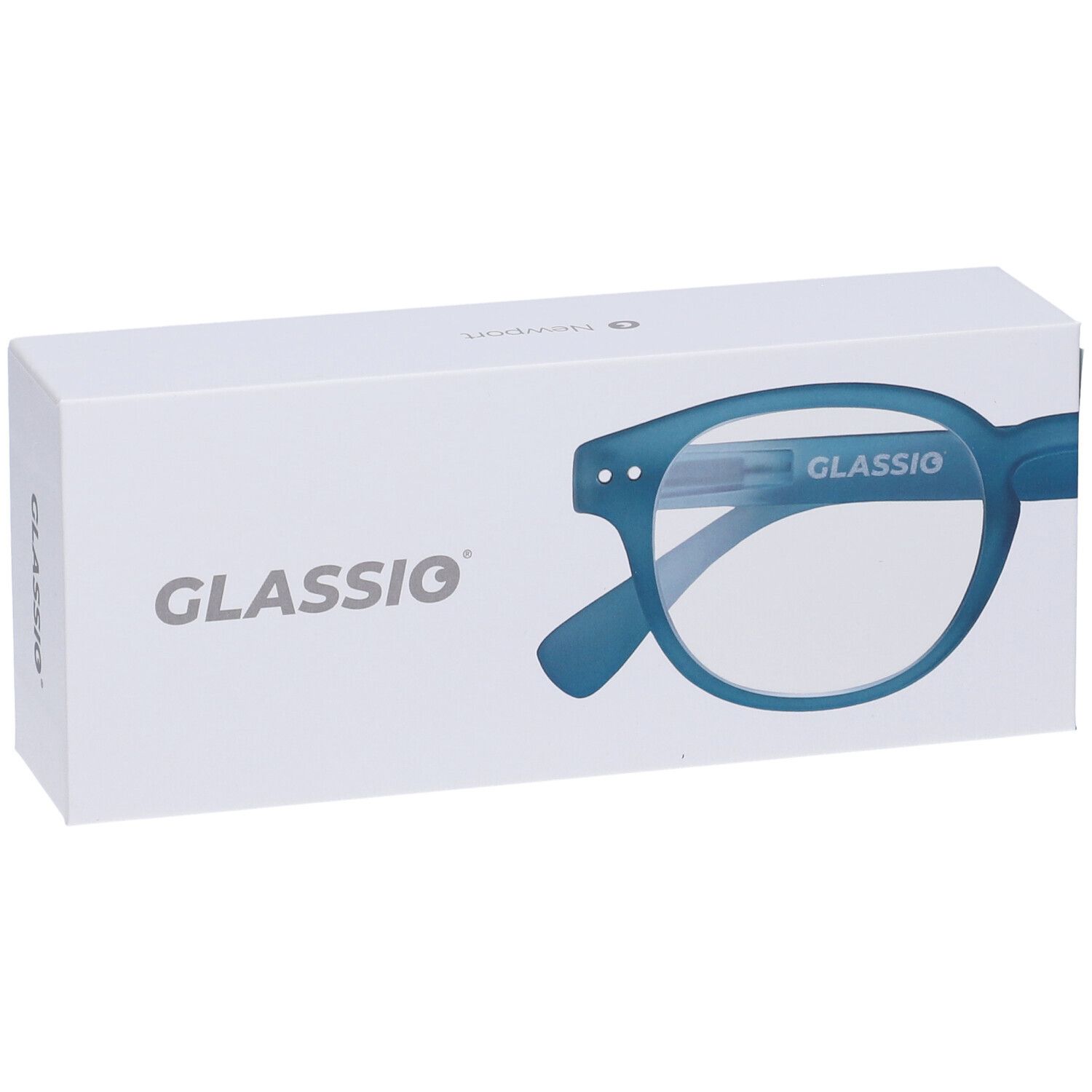 Confezione bianca con scritta GLASSIO e illustrazione di occhiali turchese. Vista prospettica.