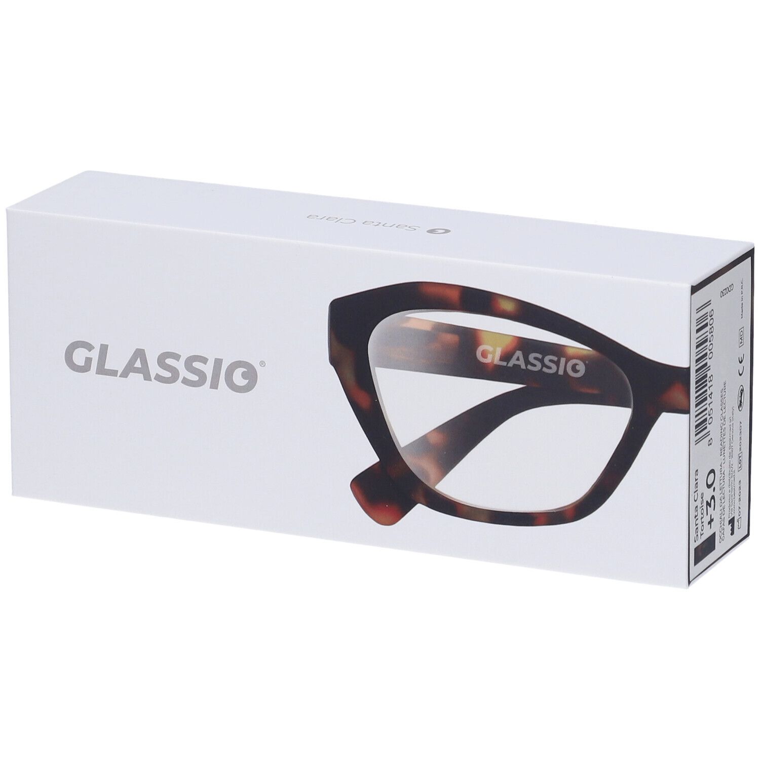 Scatola bianca con contorno occhiali e logo Glassio. Occhiali con motivo tartarugato.