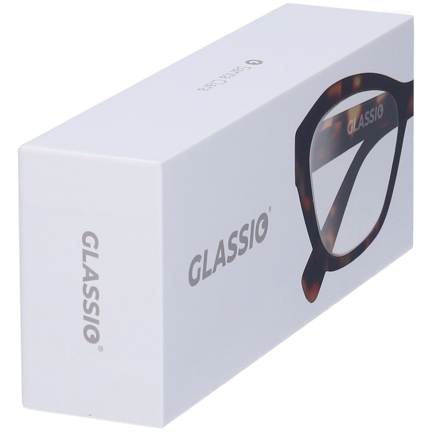 Scatola bianca con logo Glassio e contorno occhiali. Occhiali con motivo tartarugato.