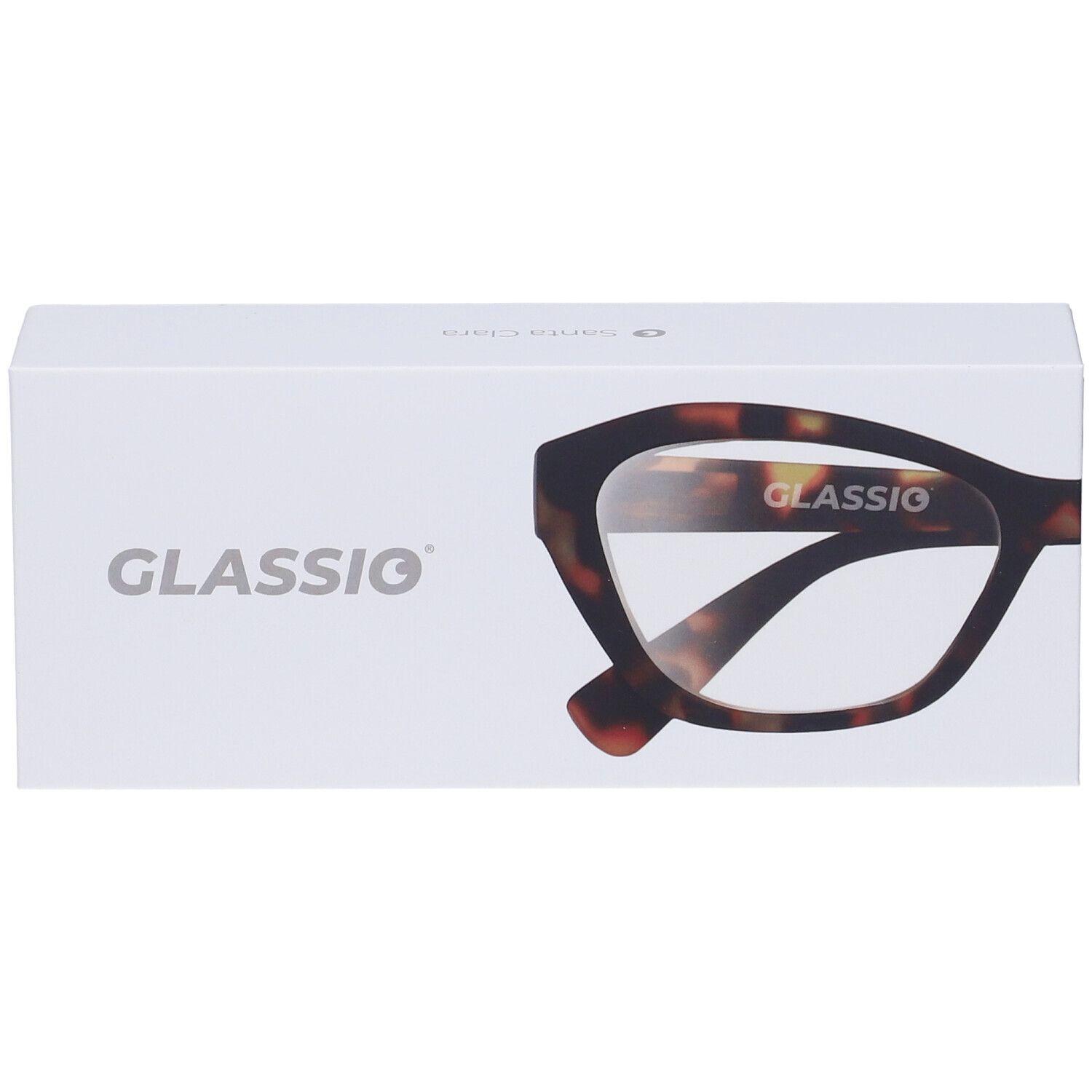 Scatola bianca con logo Glassio e contorno occhiali. Occhiali con motivo tartarugato.