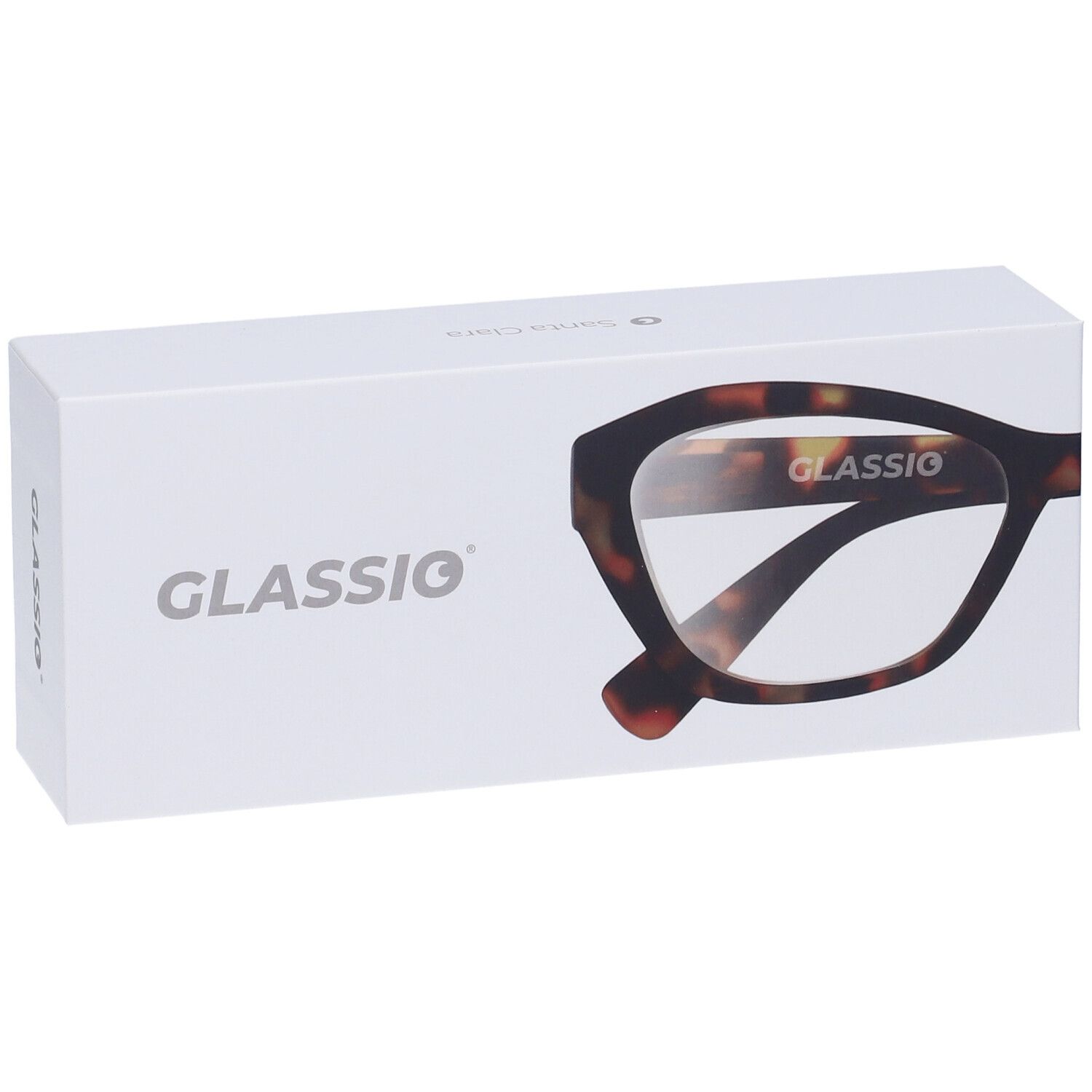 Scatola bianca con logo Glassio e contorno occhiali. Occhiali con motivo tartarugato.