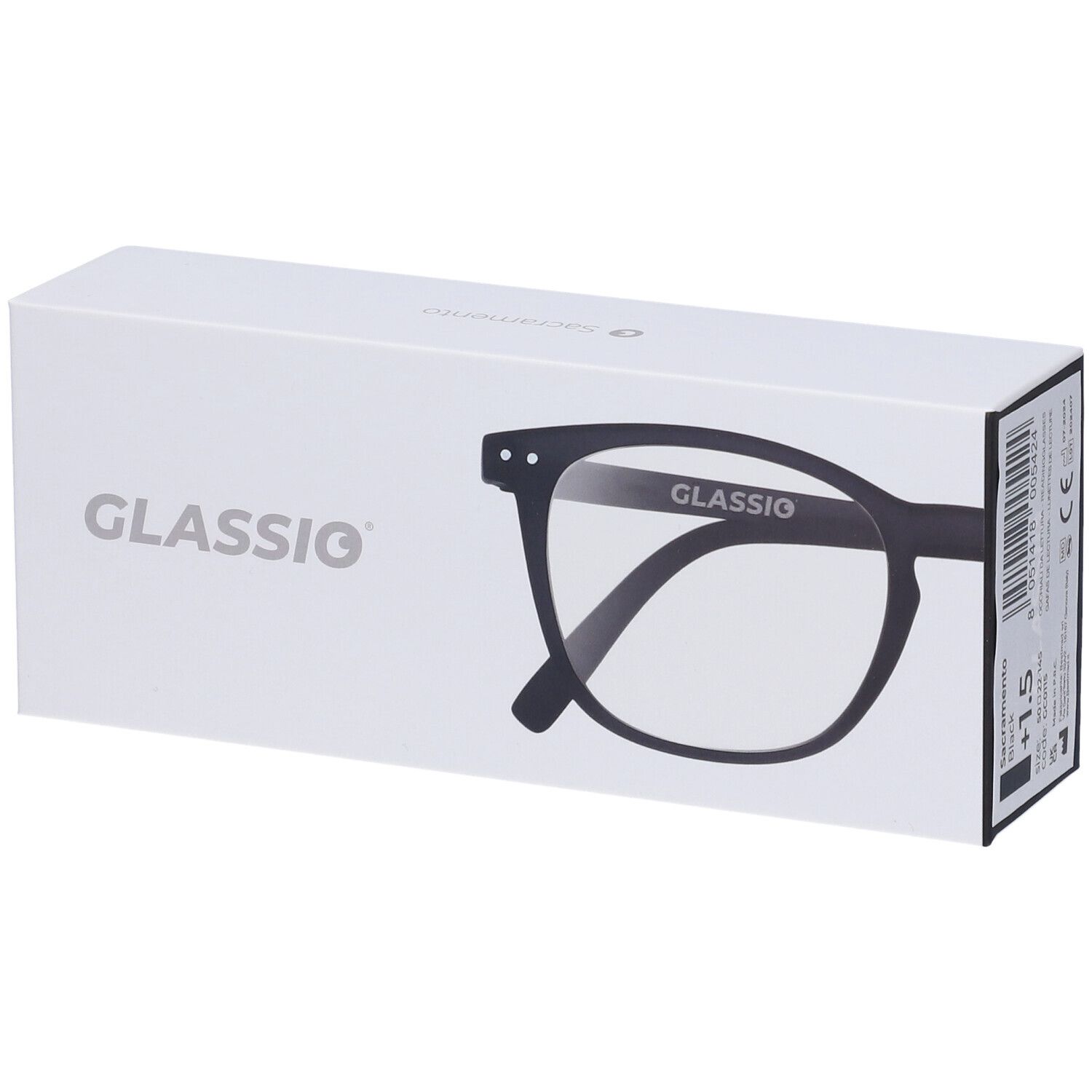 Astuccio con contorno occhiali. Scritta GLASSIO e modello. Occhiali neri +1,5 diottrie.
