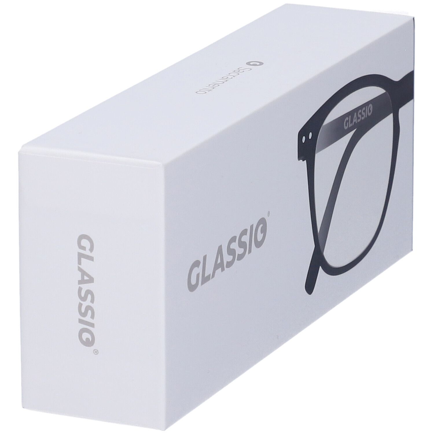 Astuccio bianco con scritta GLASSIO e contorno occhiali. Vista prospettica.