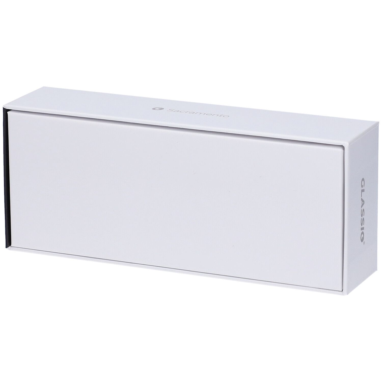 Astuccio bianco per occhiali con scritta GLASSIO. Design semplice. Forma rettangolare.
