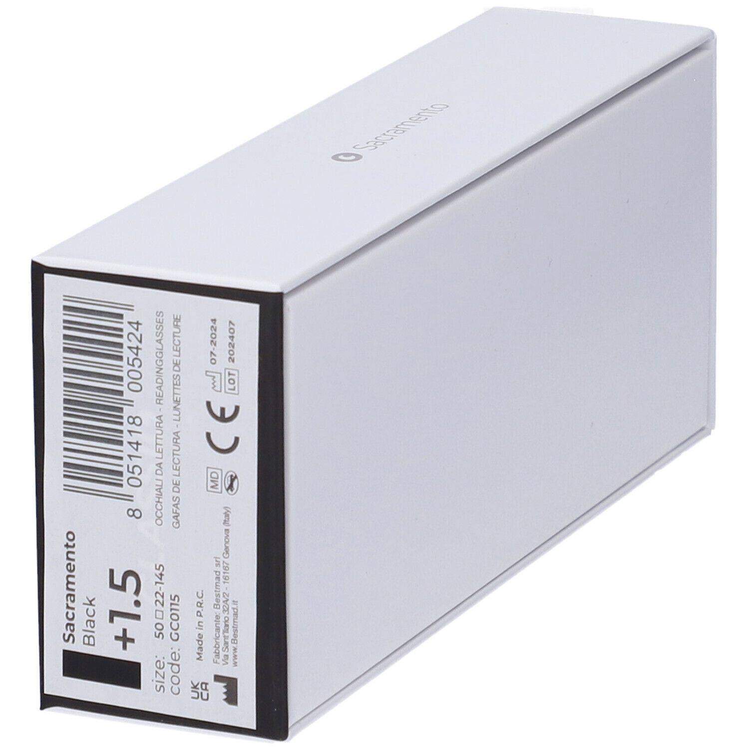Astuccio bianco con informazioni prodotto. Scritta Sacramento Black +1.5. Codice a barre e marchio CE.
