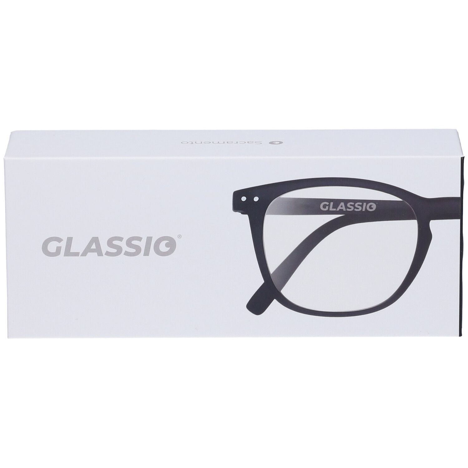 Astuccio bianco con scritta GLASSIO e contorno occhiali. Occhiali neri +1,5 diottrie.