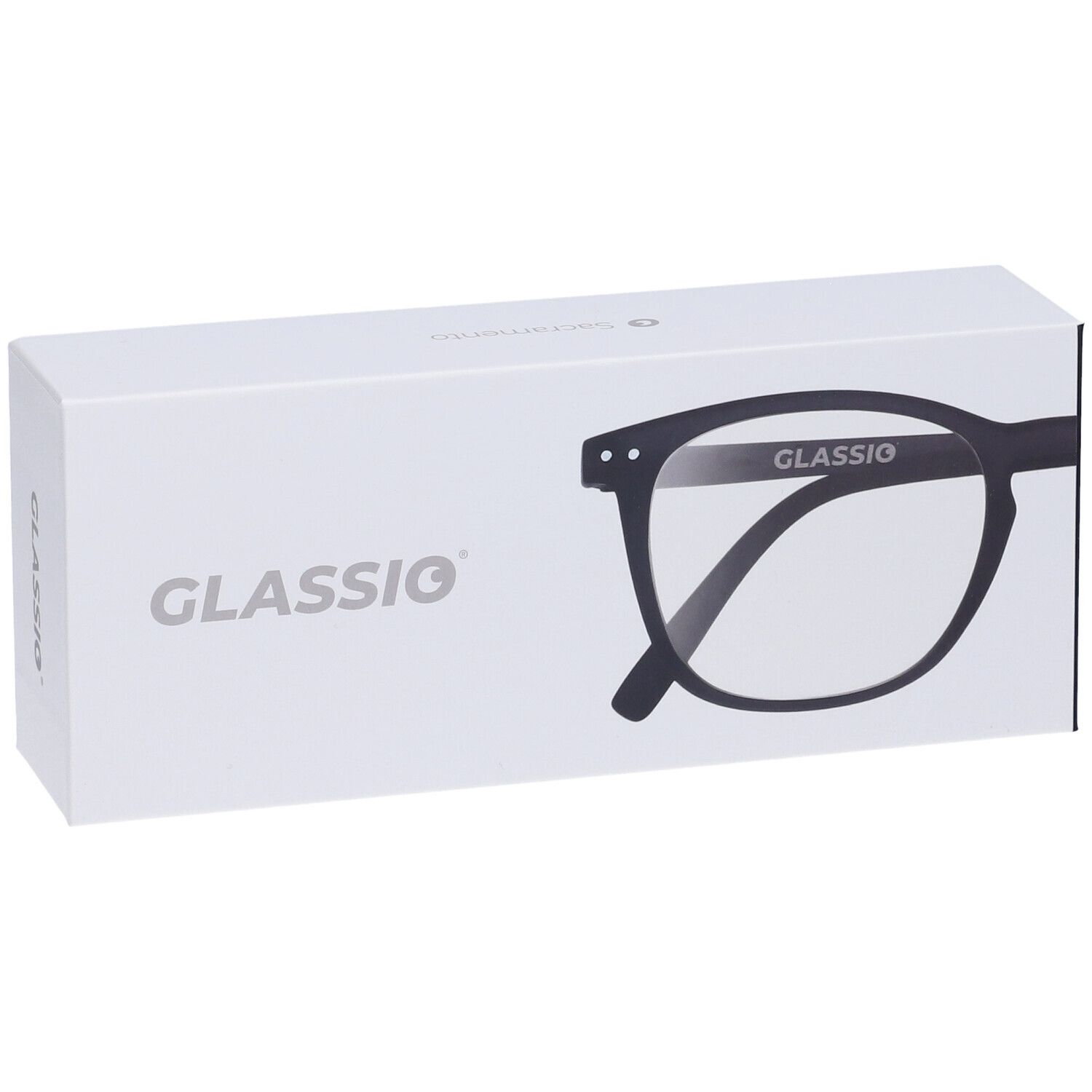 Astuccio bianco con scritta GLASSIO e contorno occhiali. Occhiali neri +1,5 diottrie.